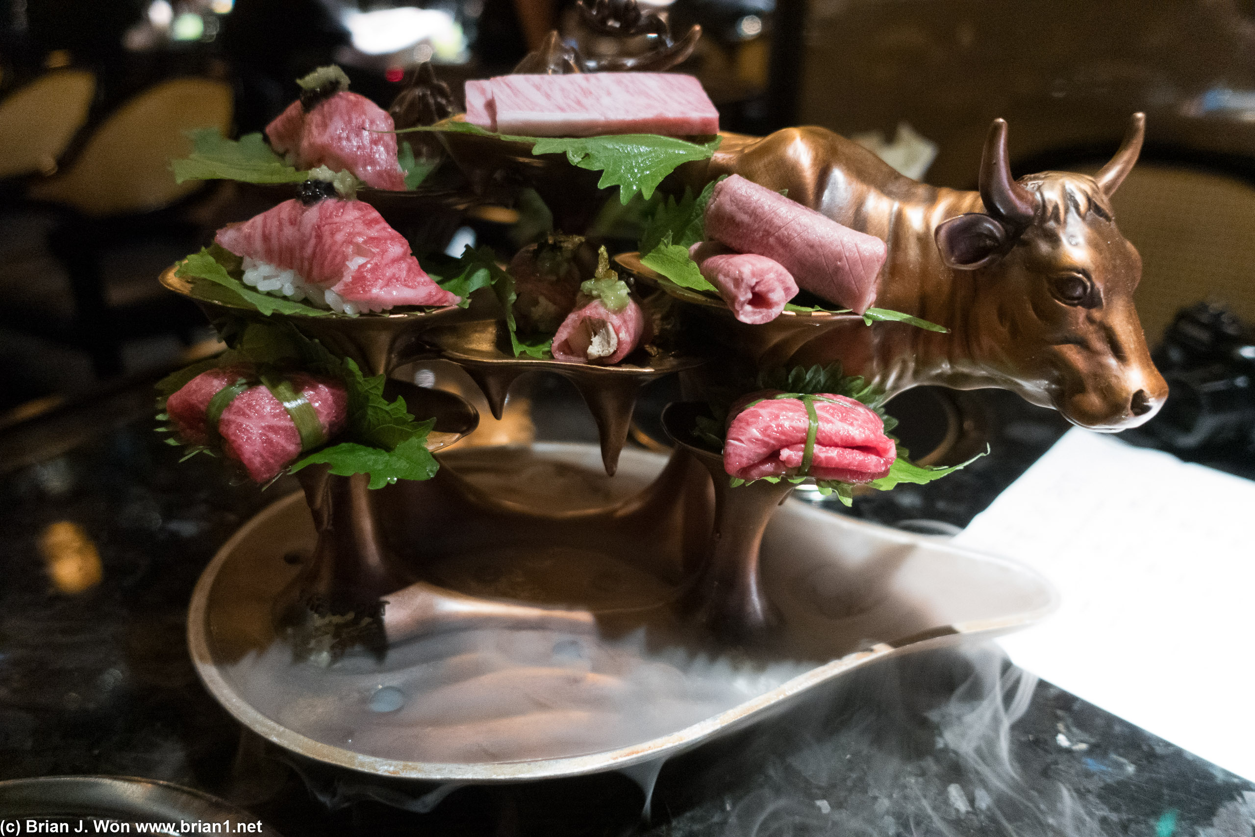 Waygu nigiri, waygu-wrapped foie gras, waygu-wrapped uni...