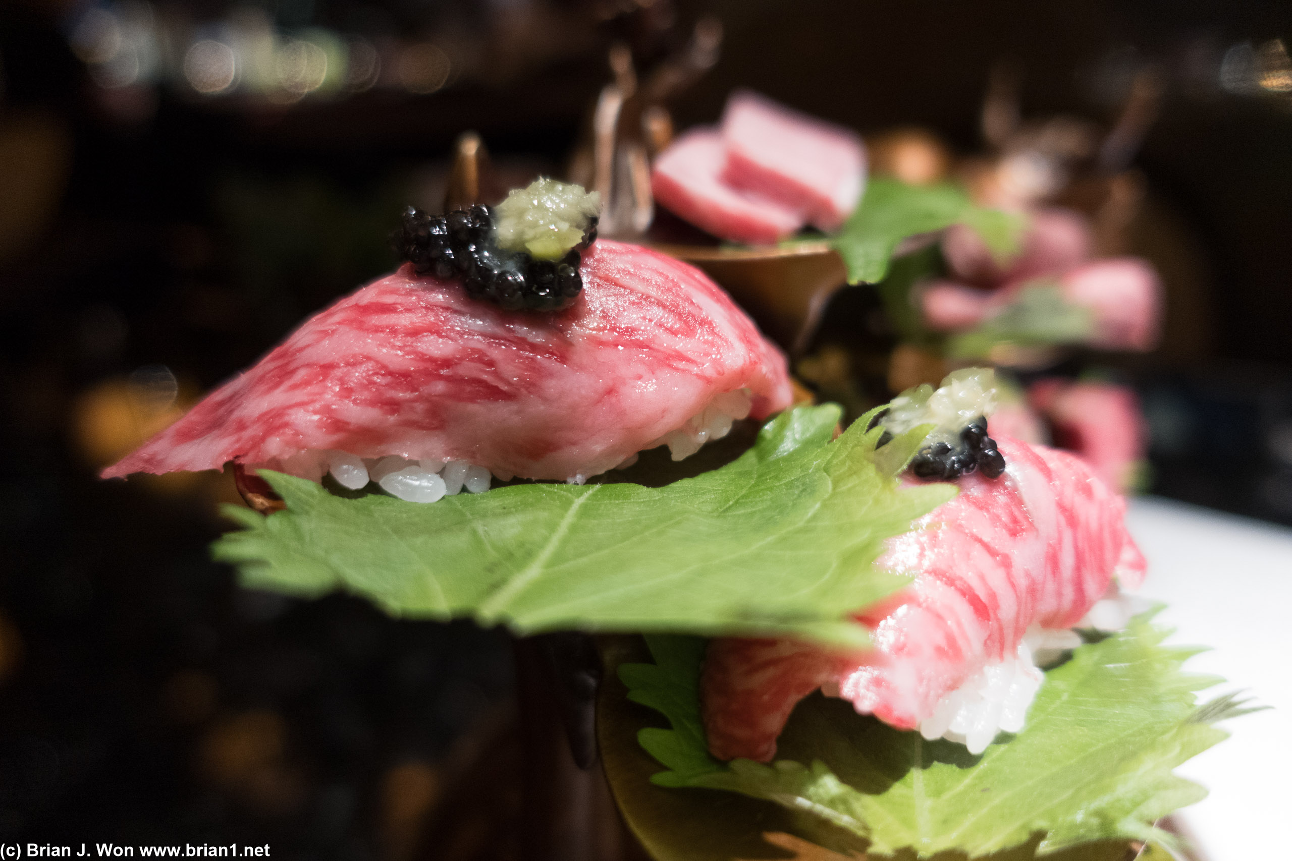 Waygu nigiri with caviar. Yum.
