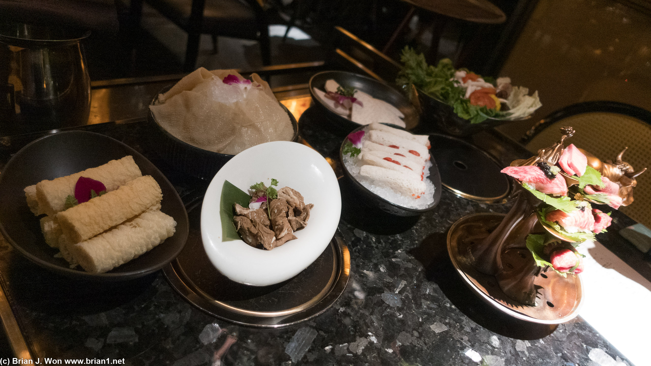 Crispy bean curd, waygu tripe, pork intestine, stuffed shrimp rolls, taro...