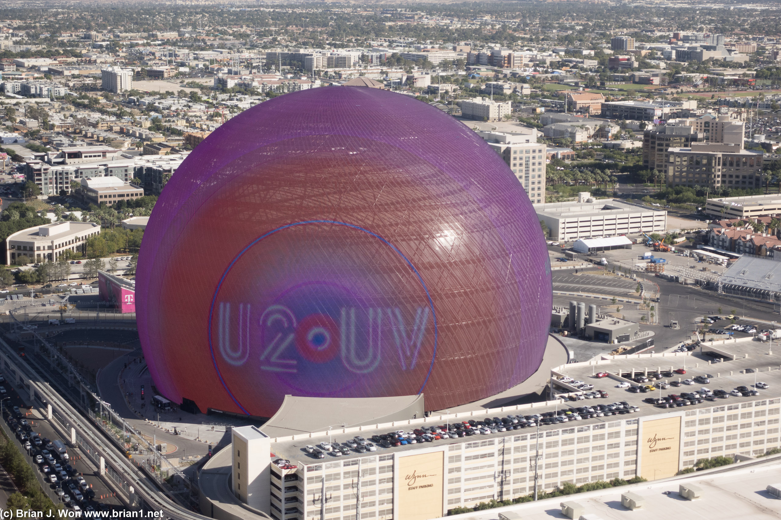 The Sphere as viewed from the hotel room. Wynn employee parking below.