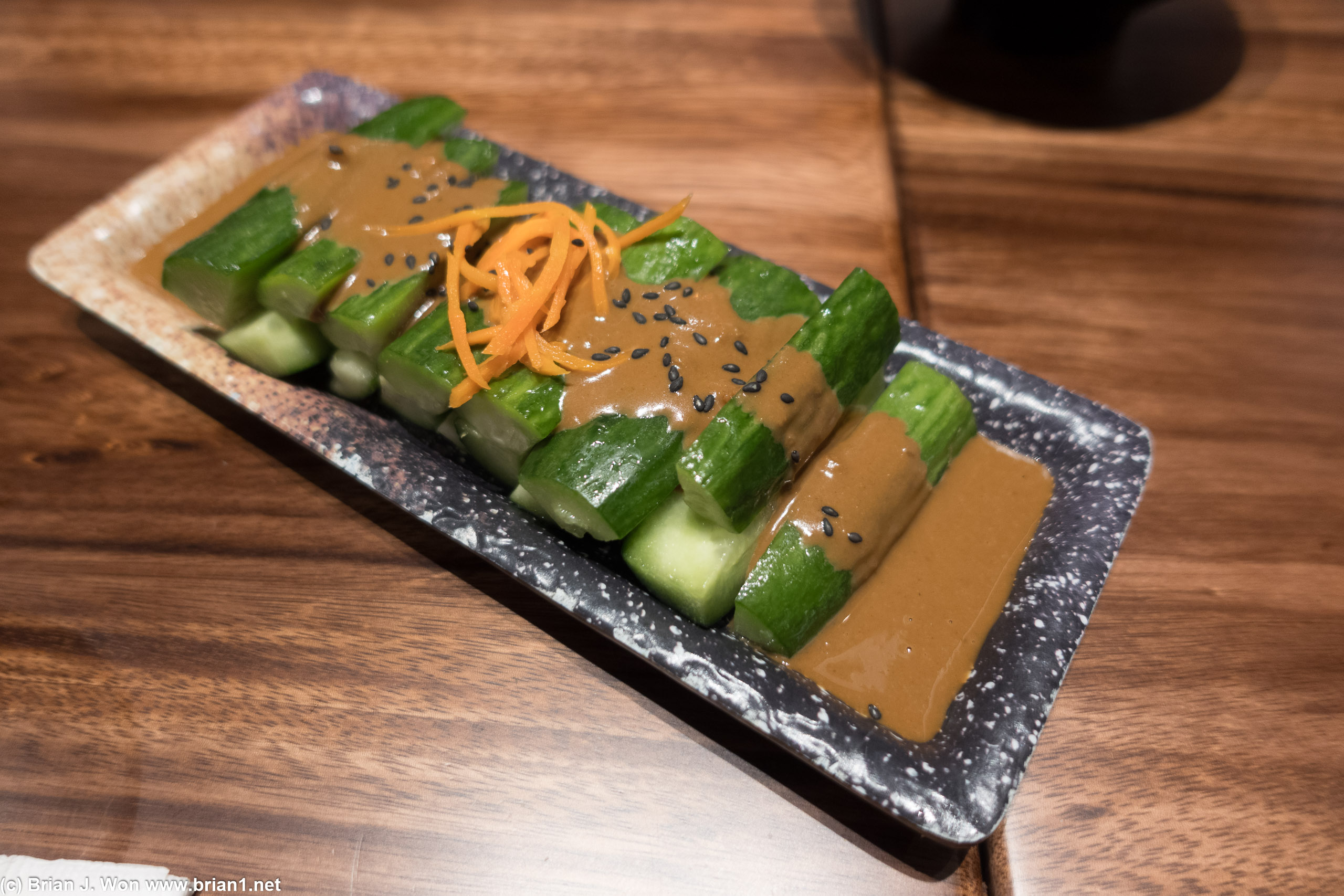 Cold cucmber wiht a sesame sauce? A bit plain.