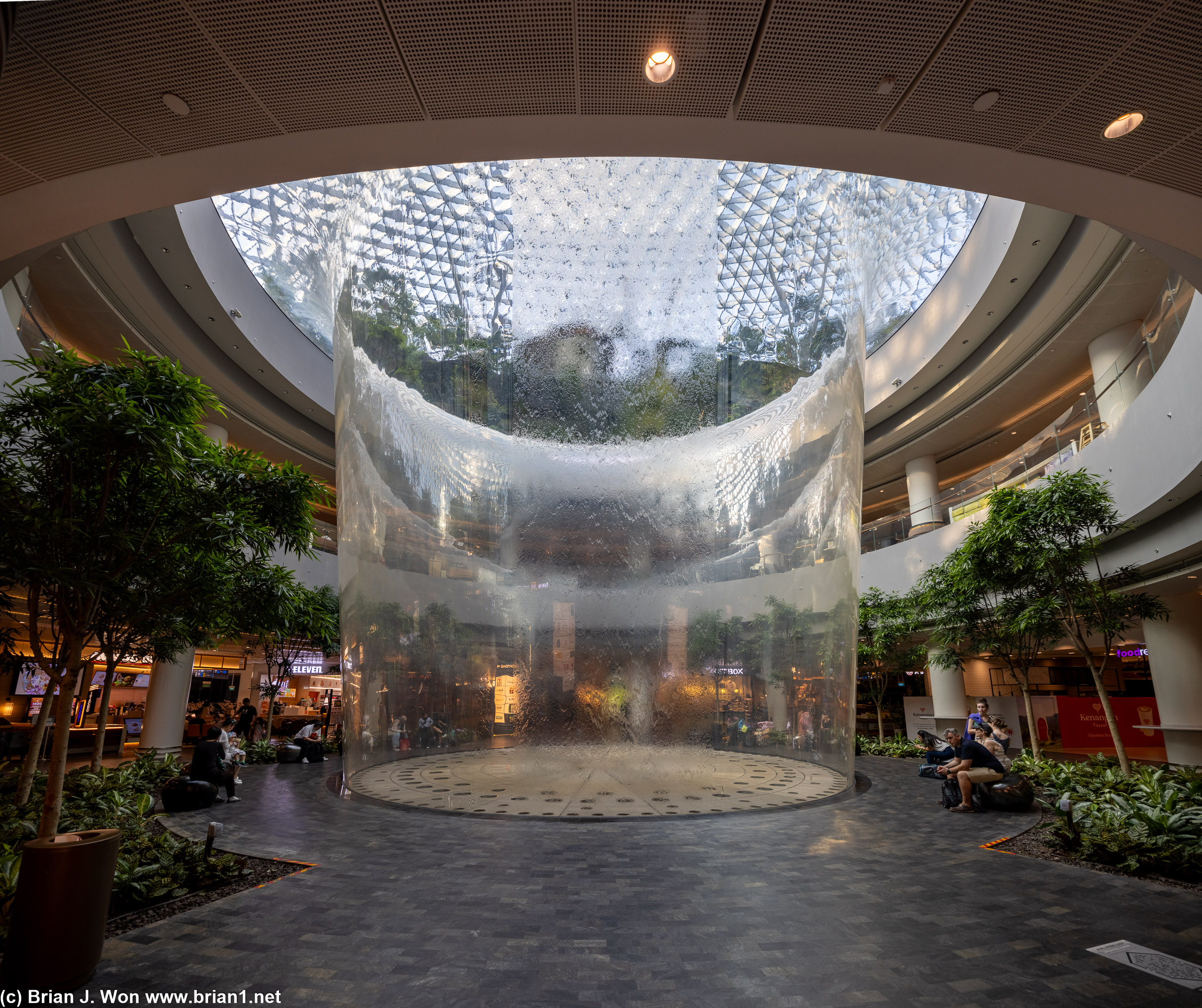 The basement food court still does get a mini-waterfall.