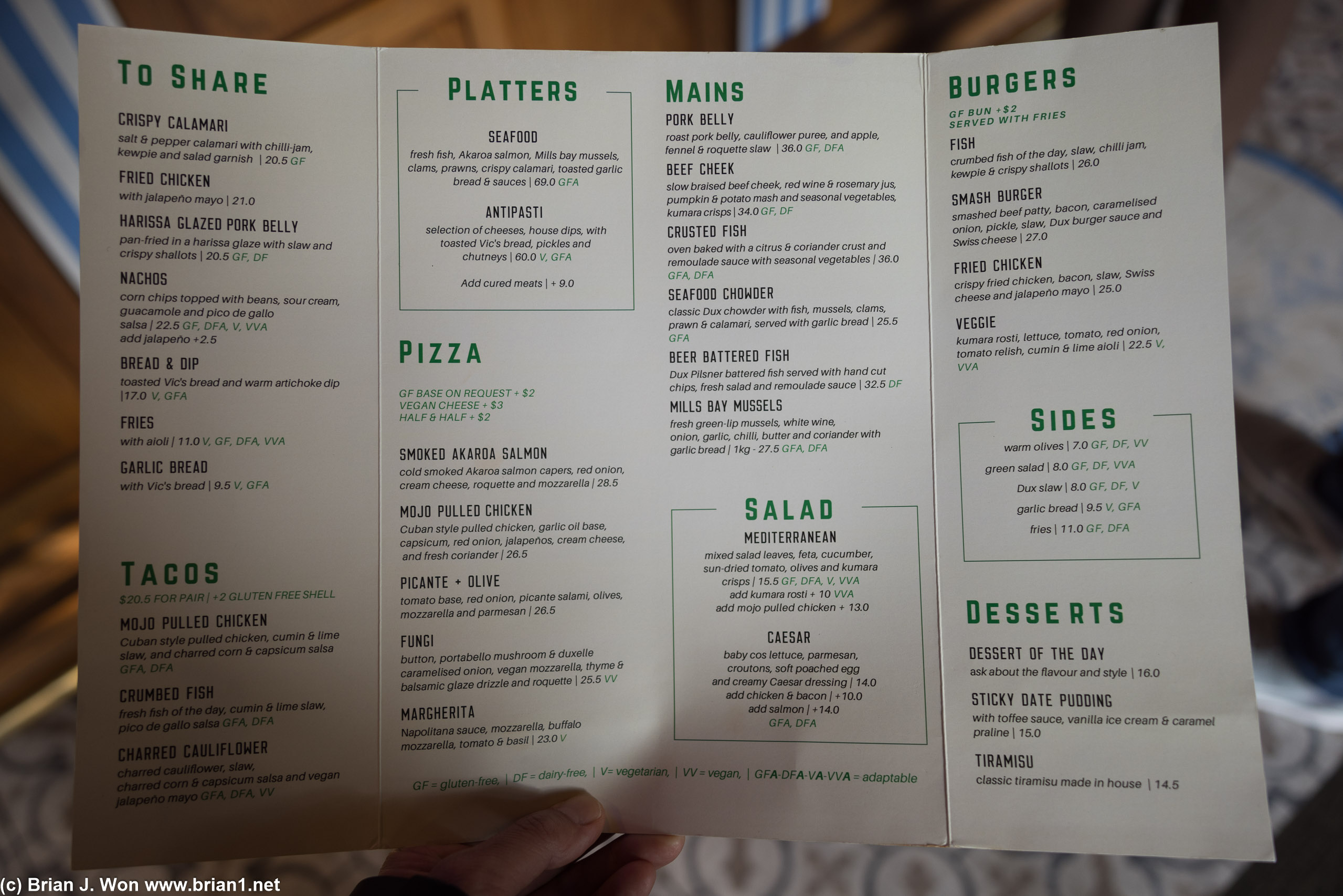 Menu at Dux Central.