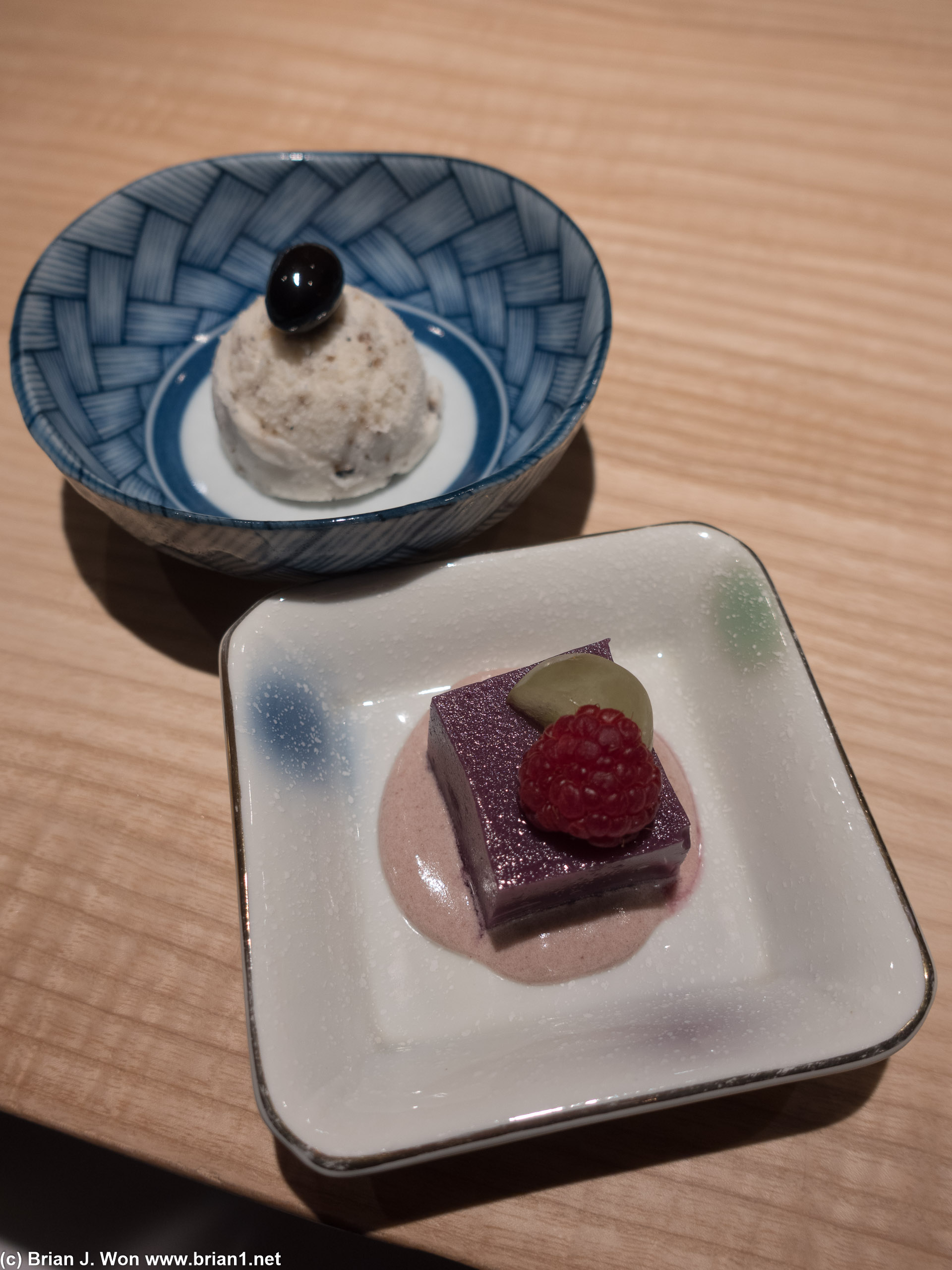 Truffle ice cream, red bean. Japanese sweet jelly cake.