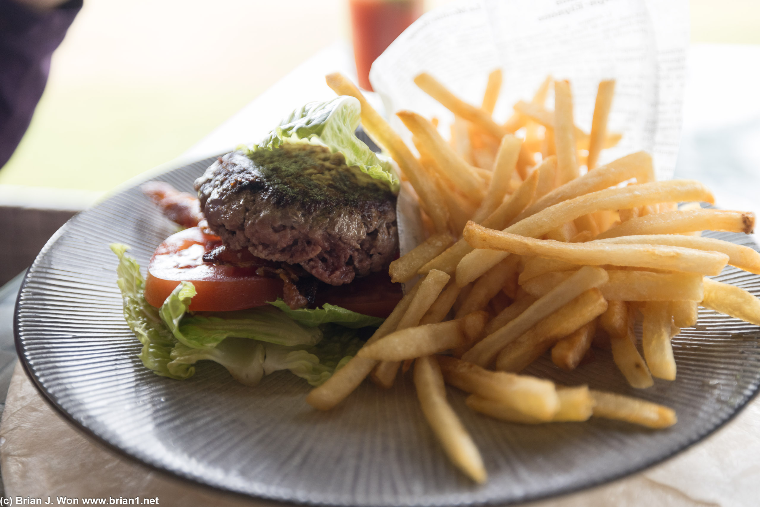 7oz burger and fries.