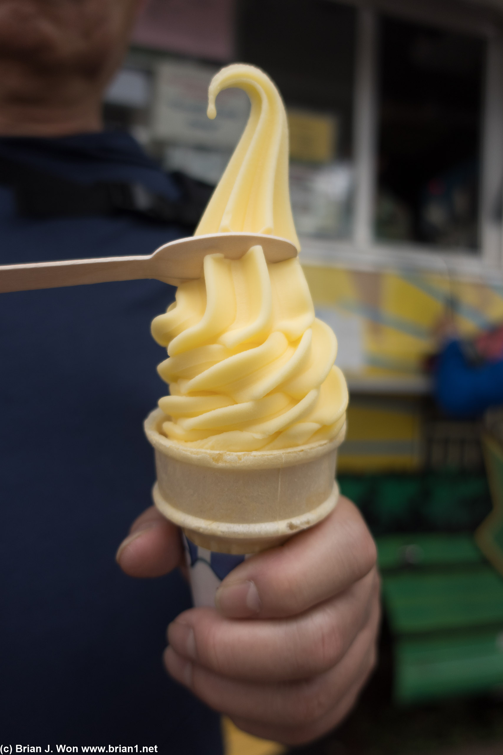 Tim cutting off his portion of Dole Whip.