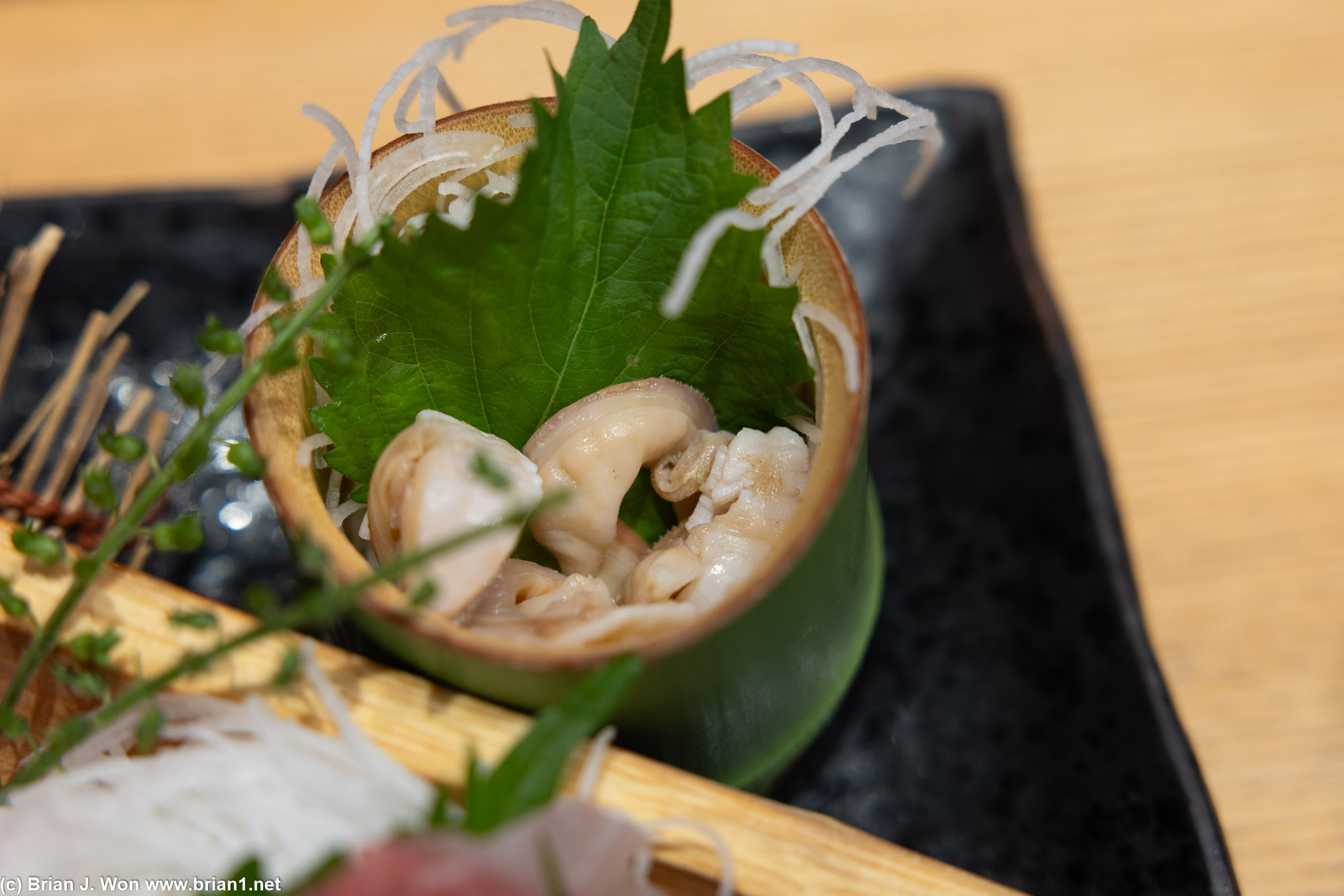 Close-up of the clams in the assorted sashimi.