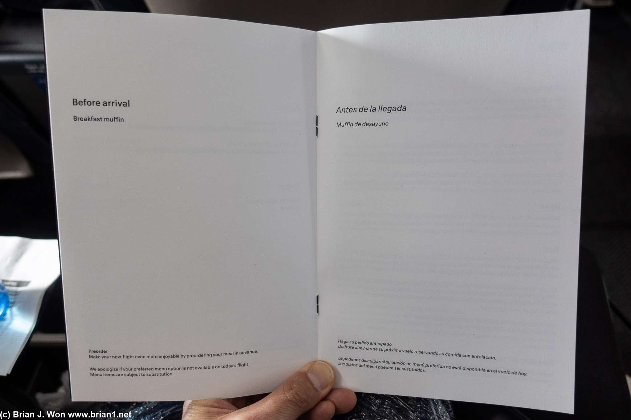 Menu in business class.