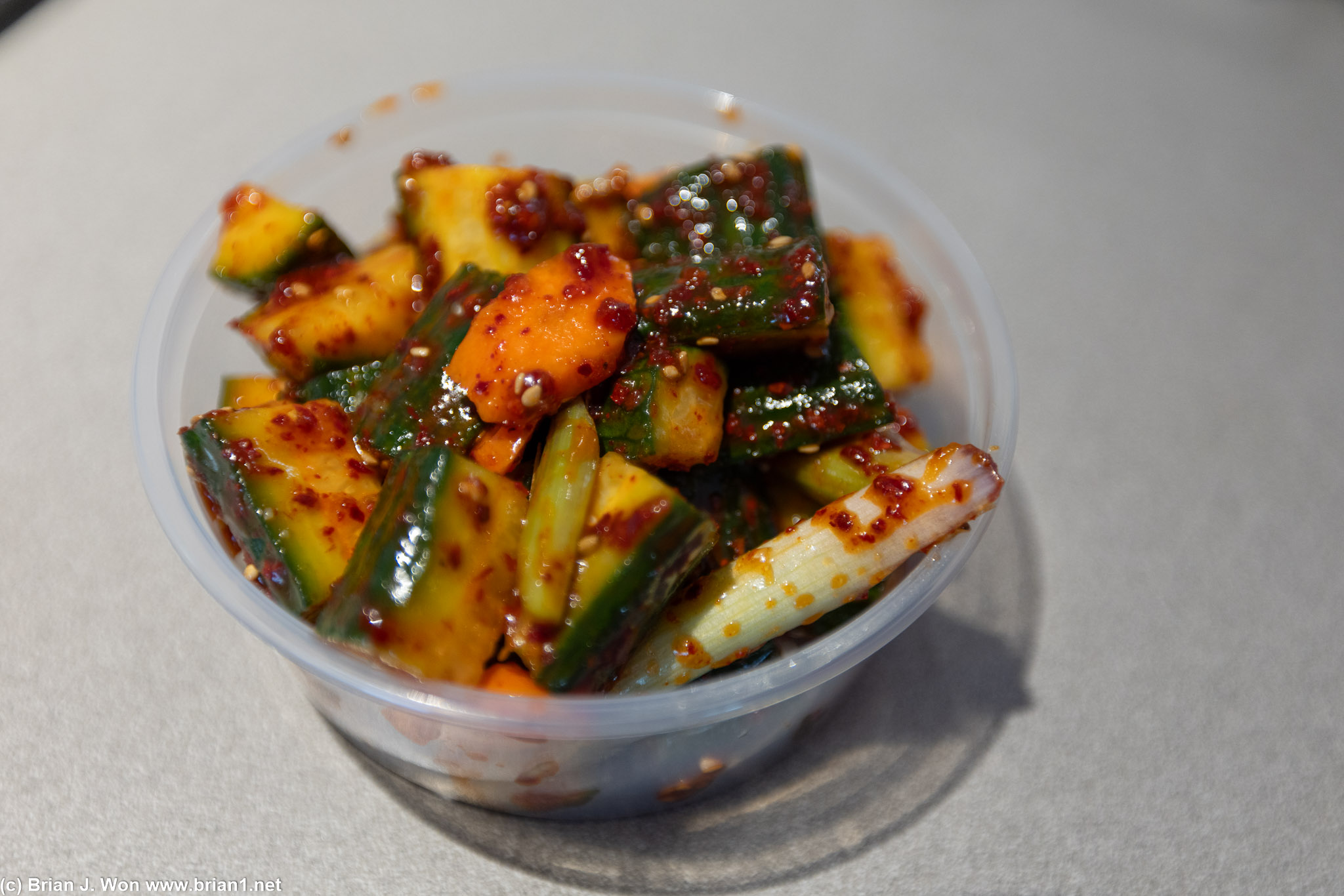 Cucumber kimchi, 8oz. Seasoning not quite the style I like, but not bad.