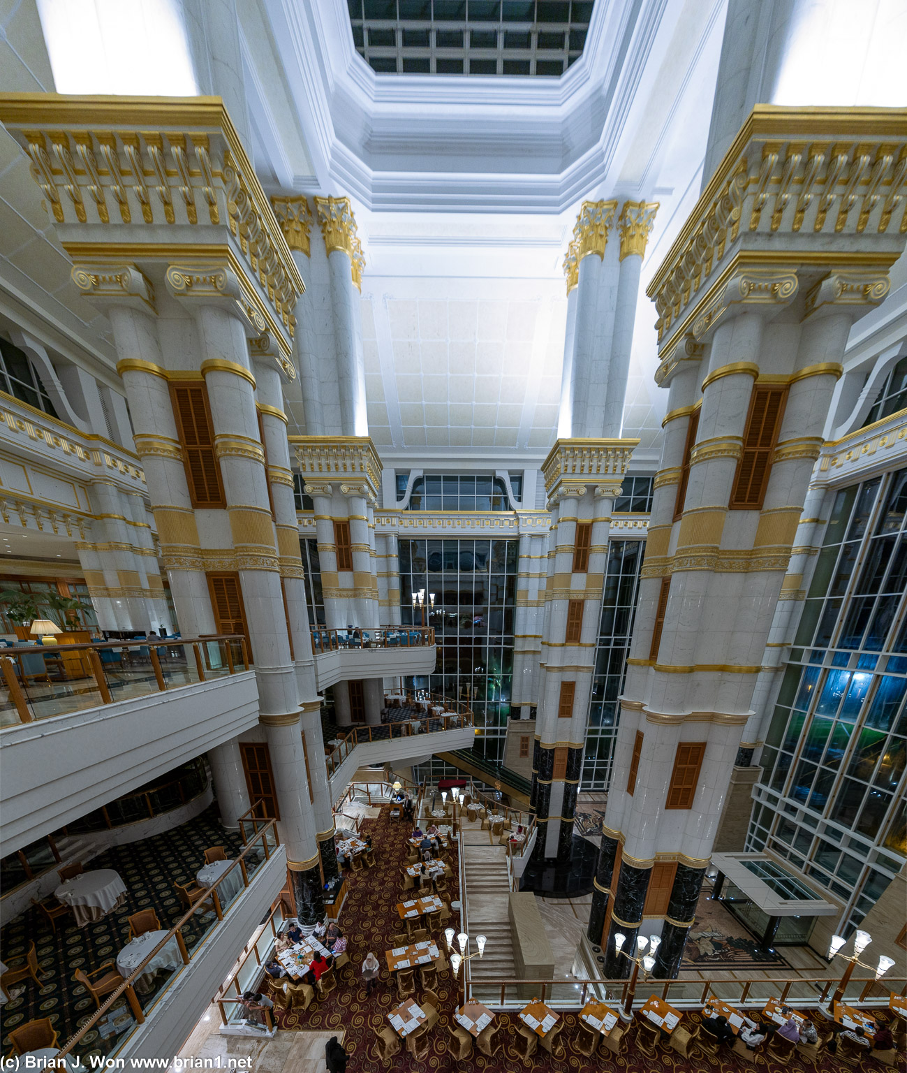 Dining area right off the lobby of The Empire Brunei at night.