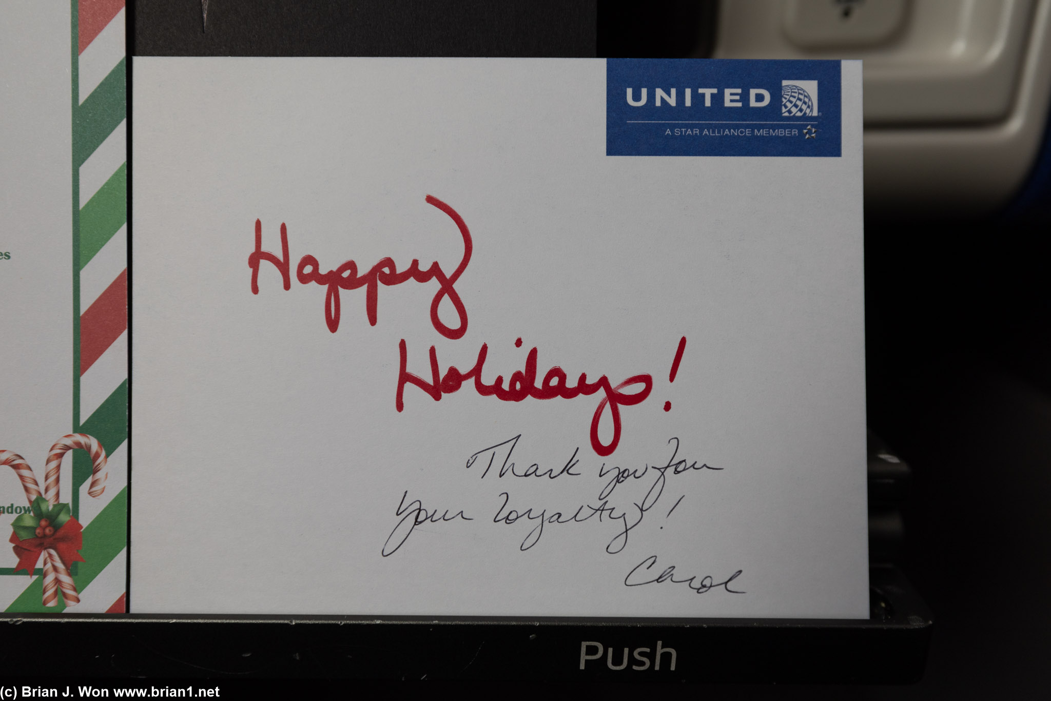 Thank you card from Carol, the purser.