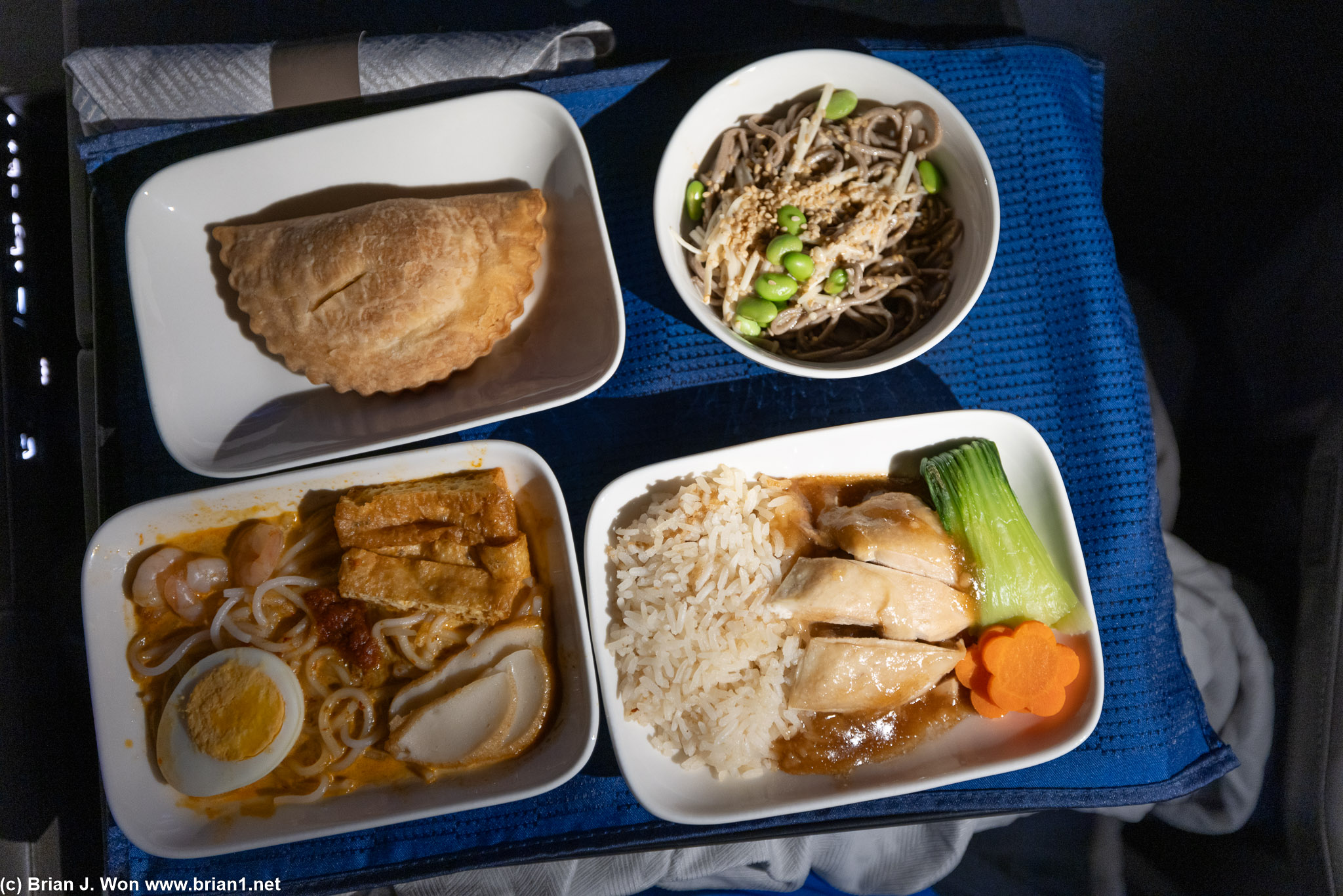 Mid-flight tapas. Empanada, soba and edamame, Hainan-style chicken, laska-style noodles.
