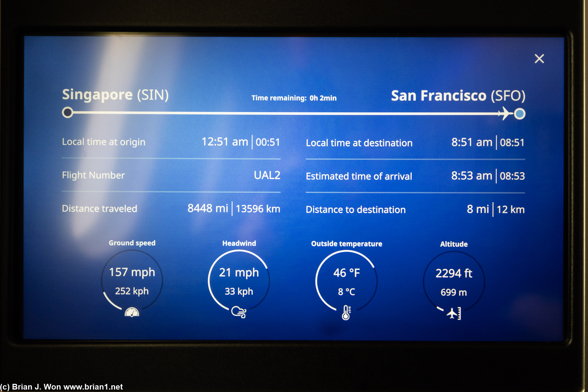 14hr 5min flight time, 8,456 miles (IFE), 8,818 miles (FlightAware), 8,446 miles (great circle).
