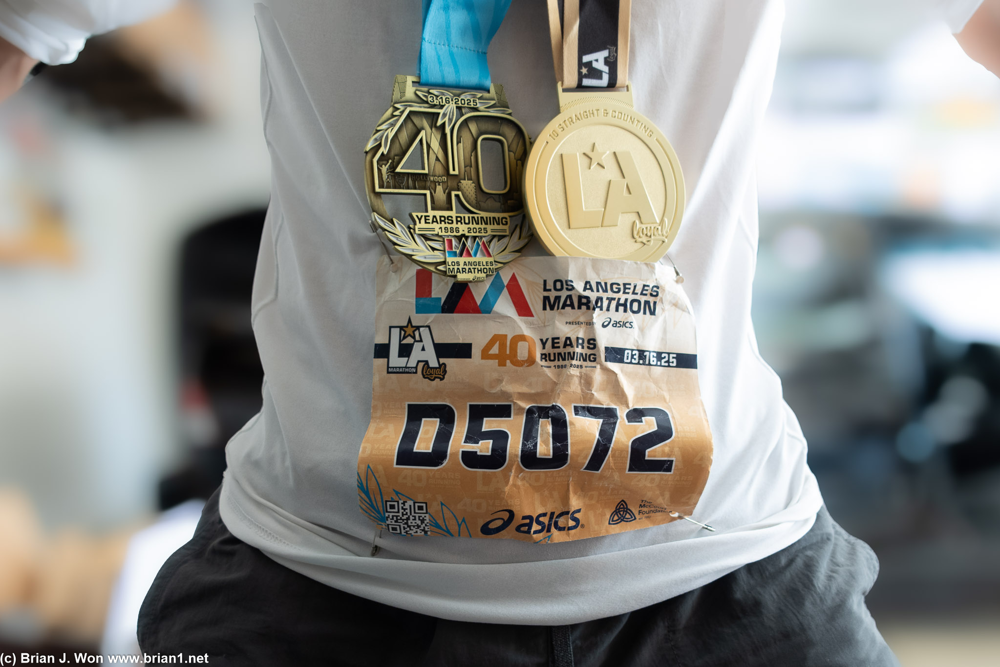 Bib, finisher medal, 10 year LA Loyal medal.