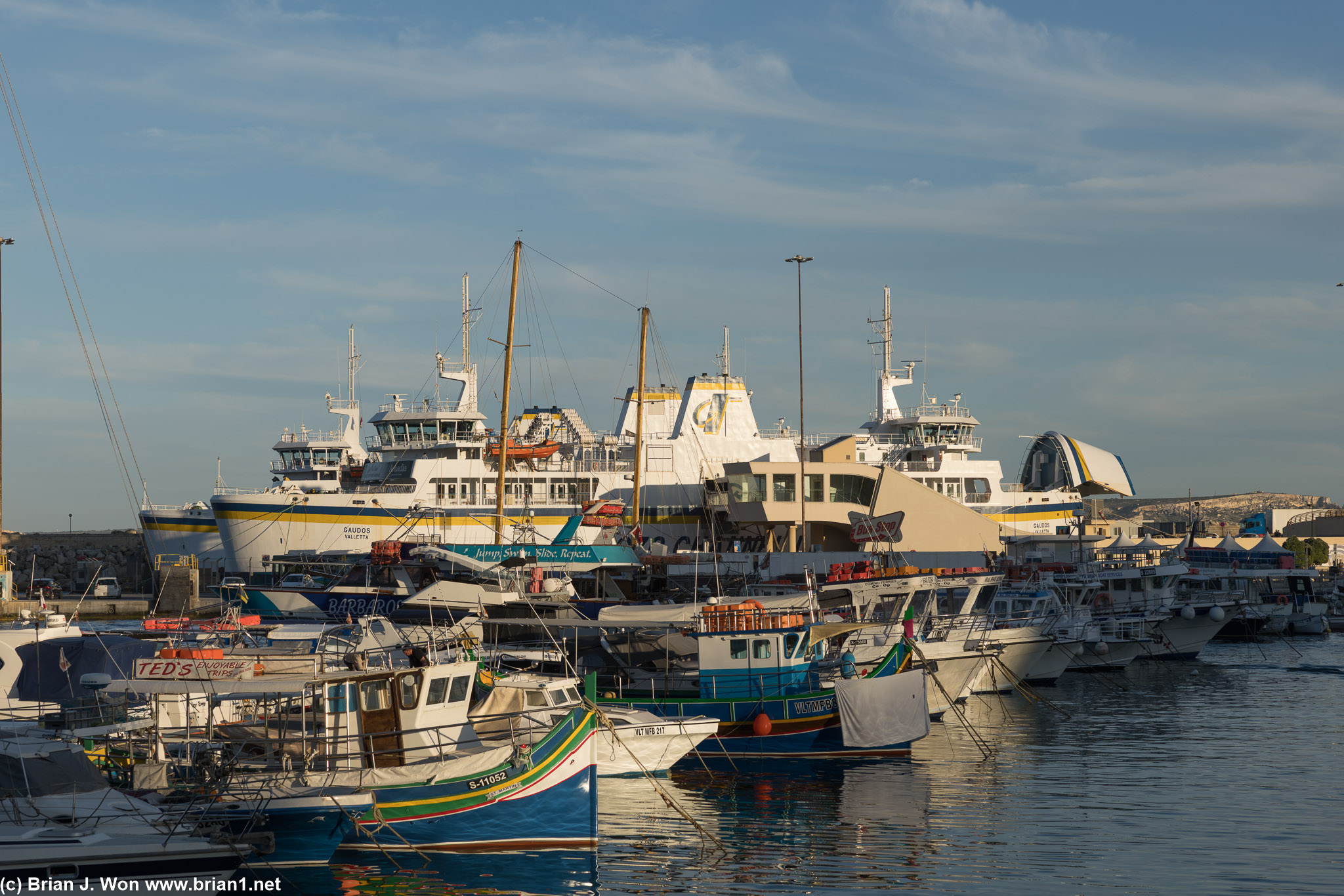 The two ferries from Malta proper are the largest ships by far in the harbor.