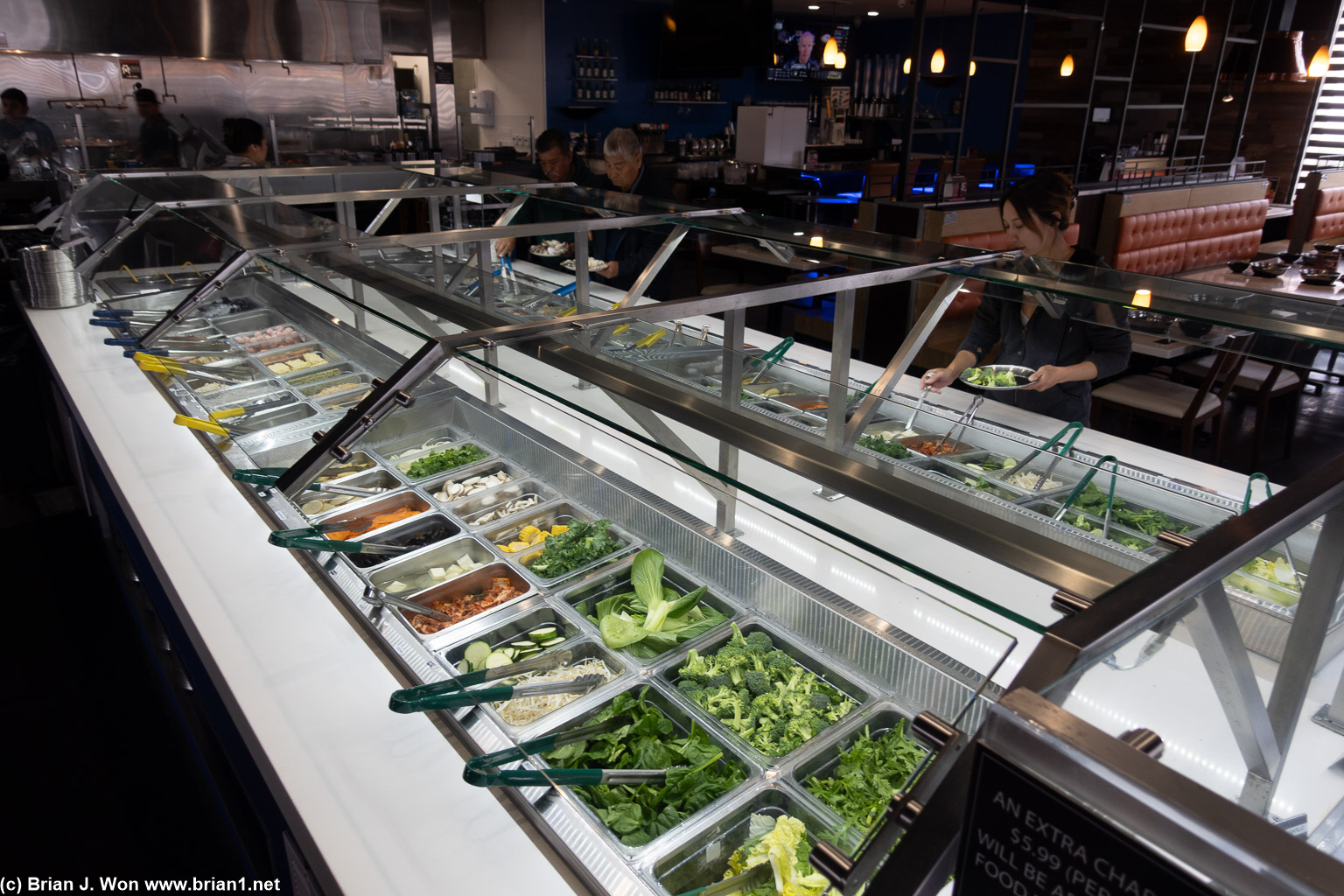 Veggies, seafood, noodles.