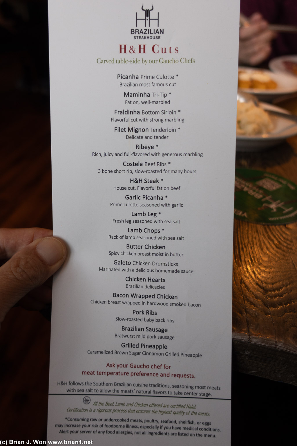 The available cuts.