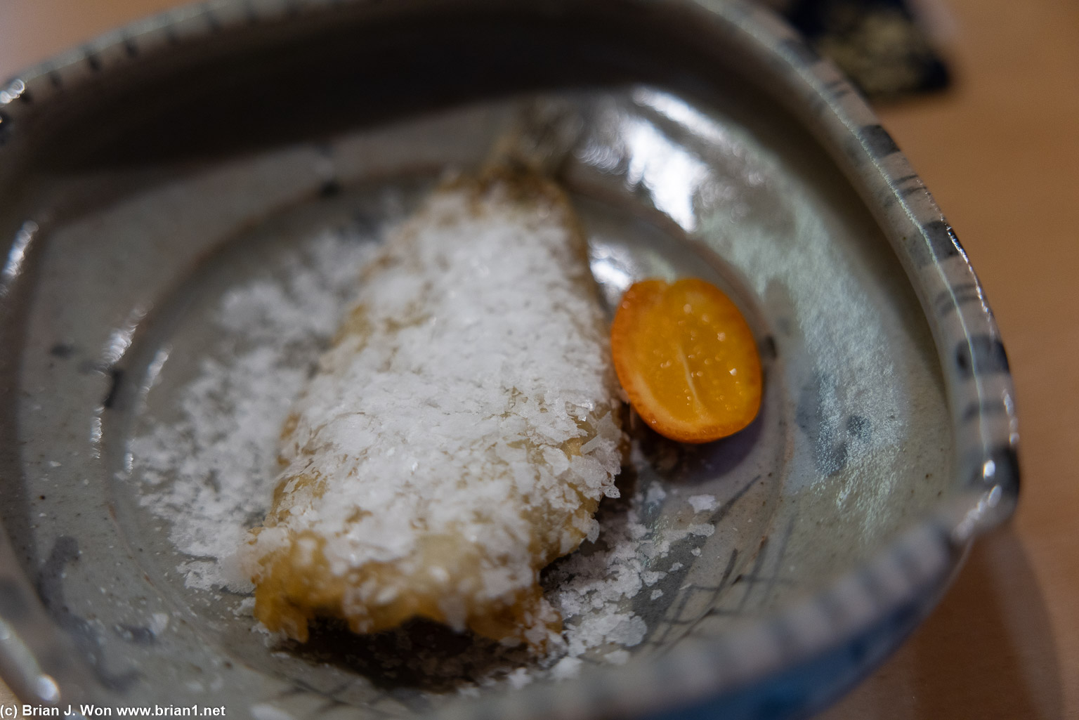 Seasonal fish tempura, snowflake salt, kumquat.