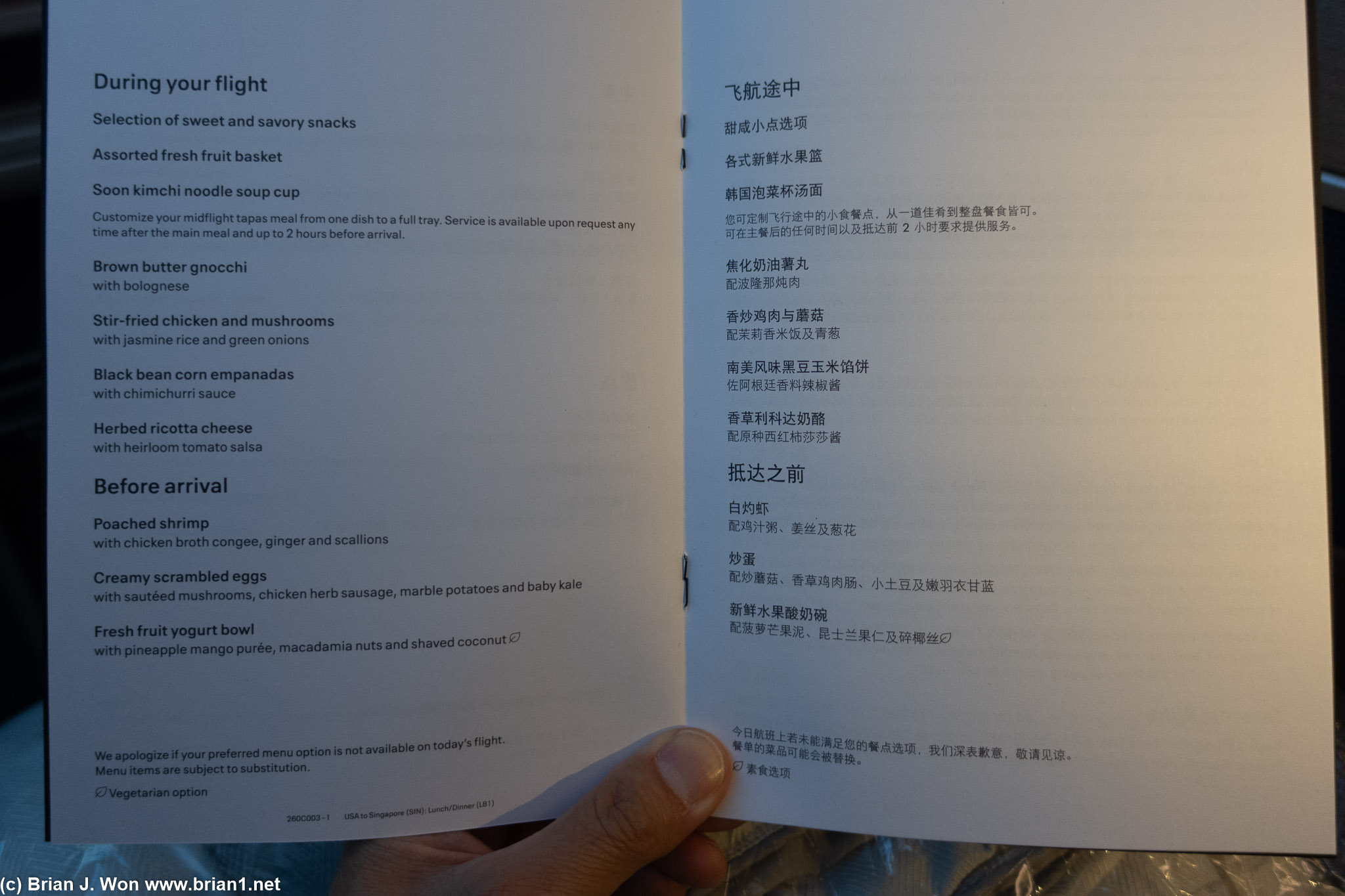 SFO to Singapore menu.