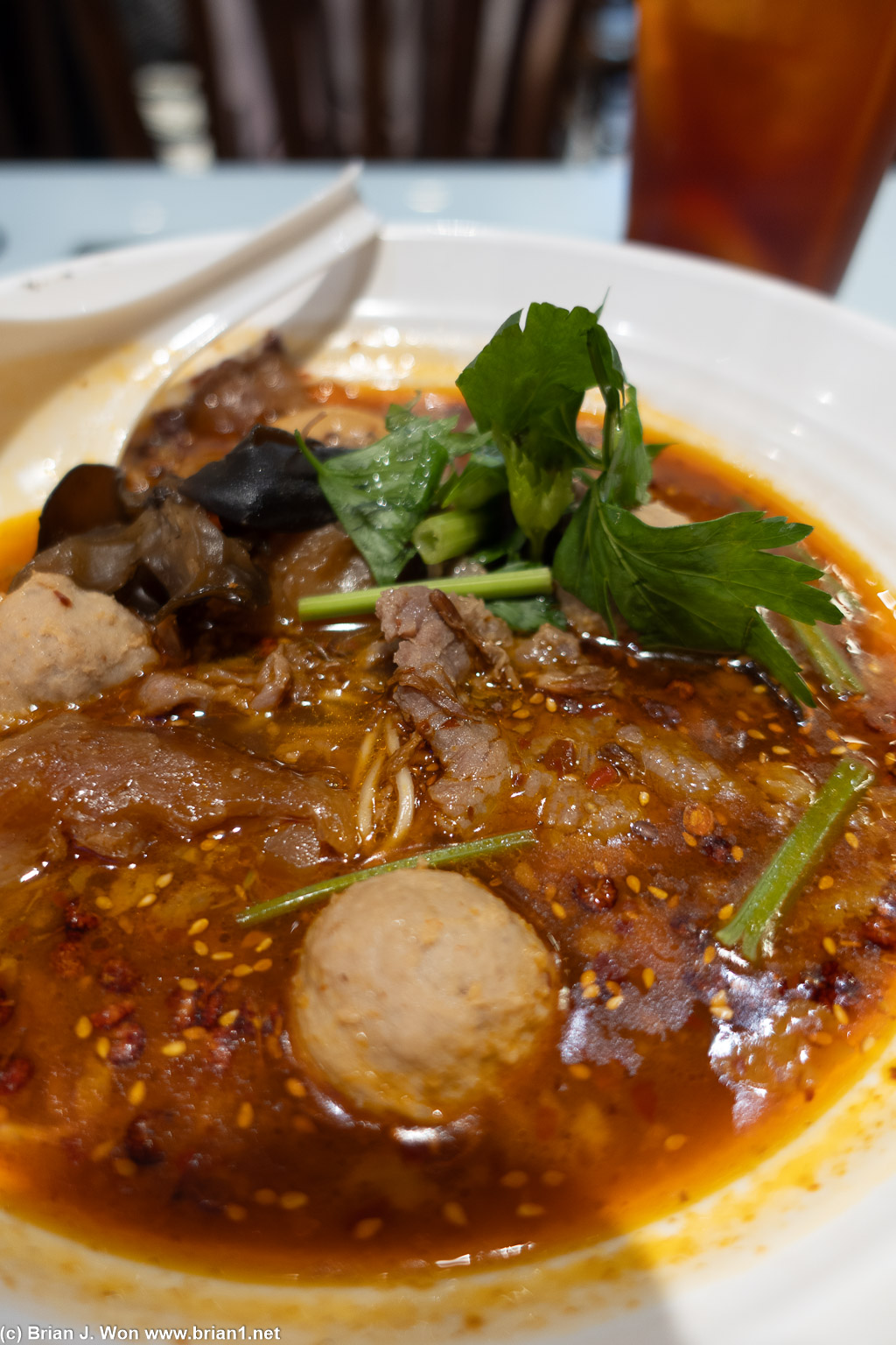 Spicy beef intestine noodle soup.
