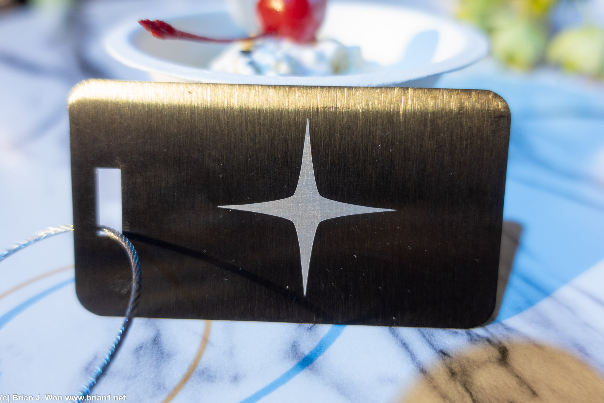 Custom laser-etched luggage tags for attendees.