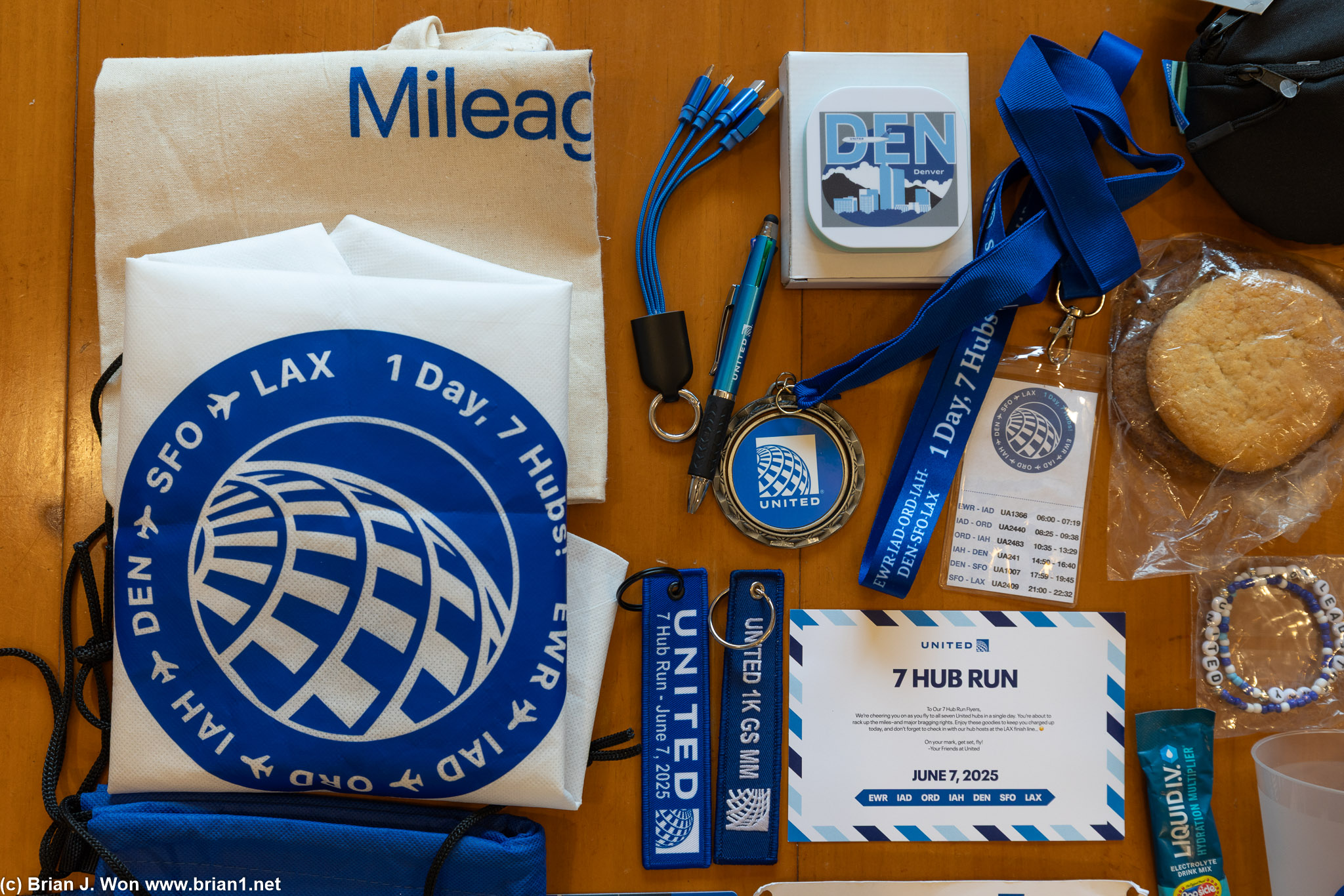 Bags, charging cable, wireless charging pad, keychains, badge/lanyard, cookies, welcome note, medal.
