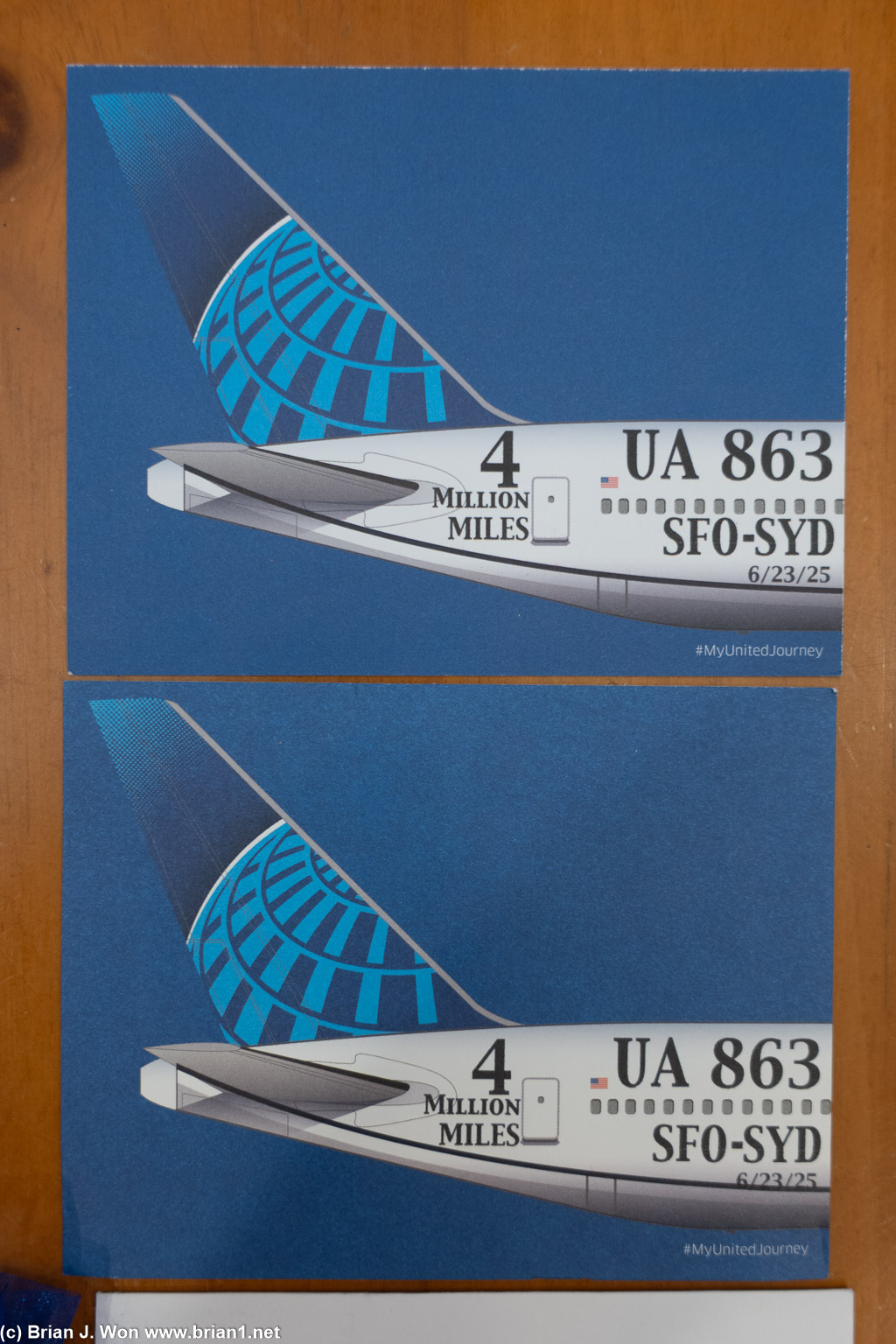 Welcome cards for UA 863, SFO-SYD, aka Carl's 4MM flight.