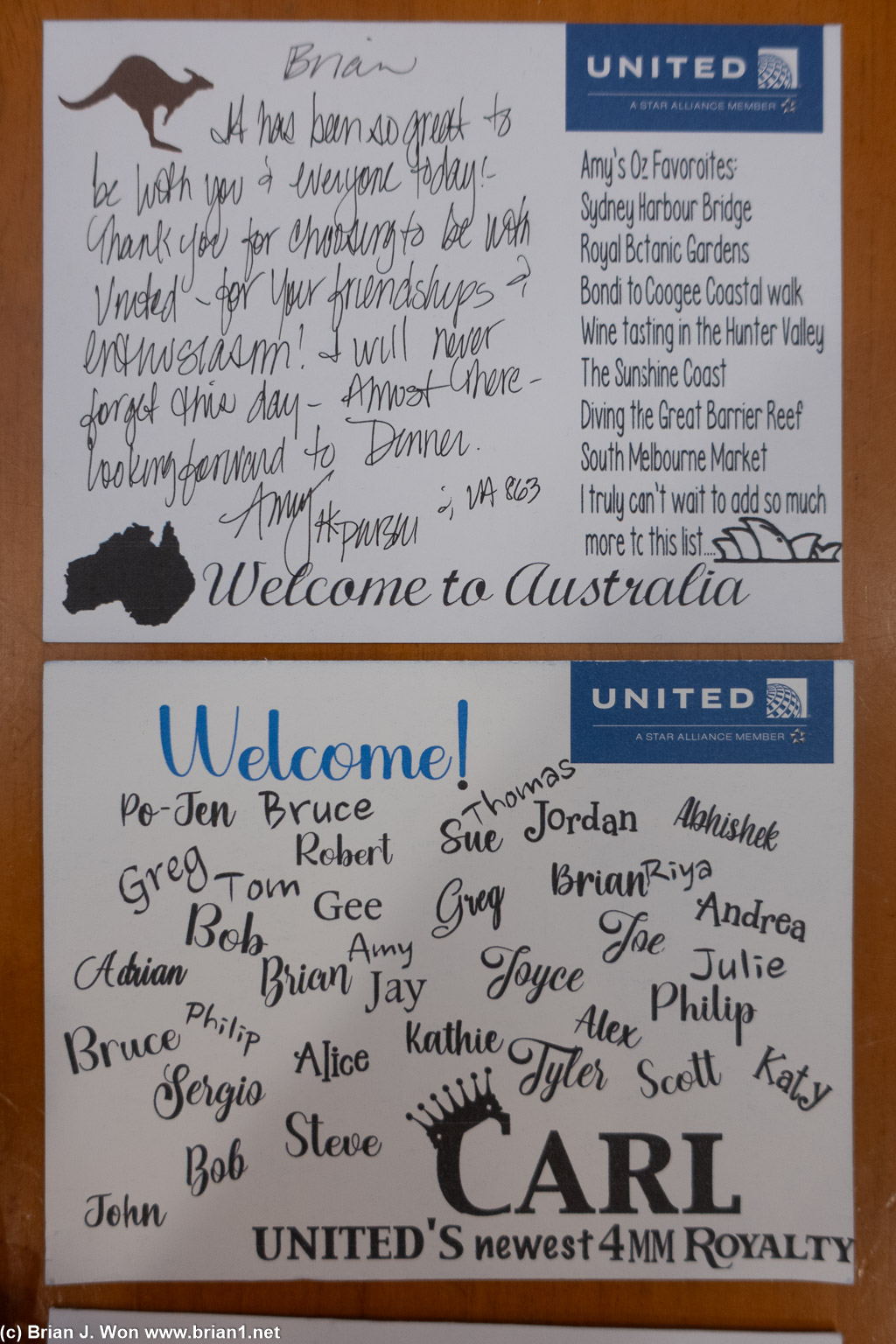 Welcome cards for UA 863, SFO-SYD, aka Carl's 4MM flight.
