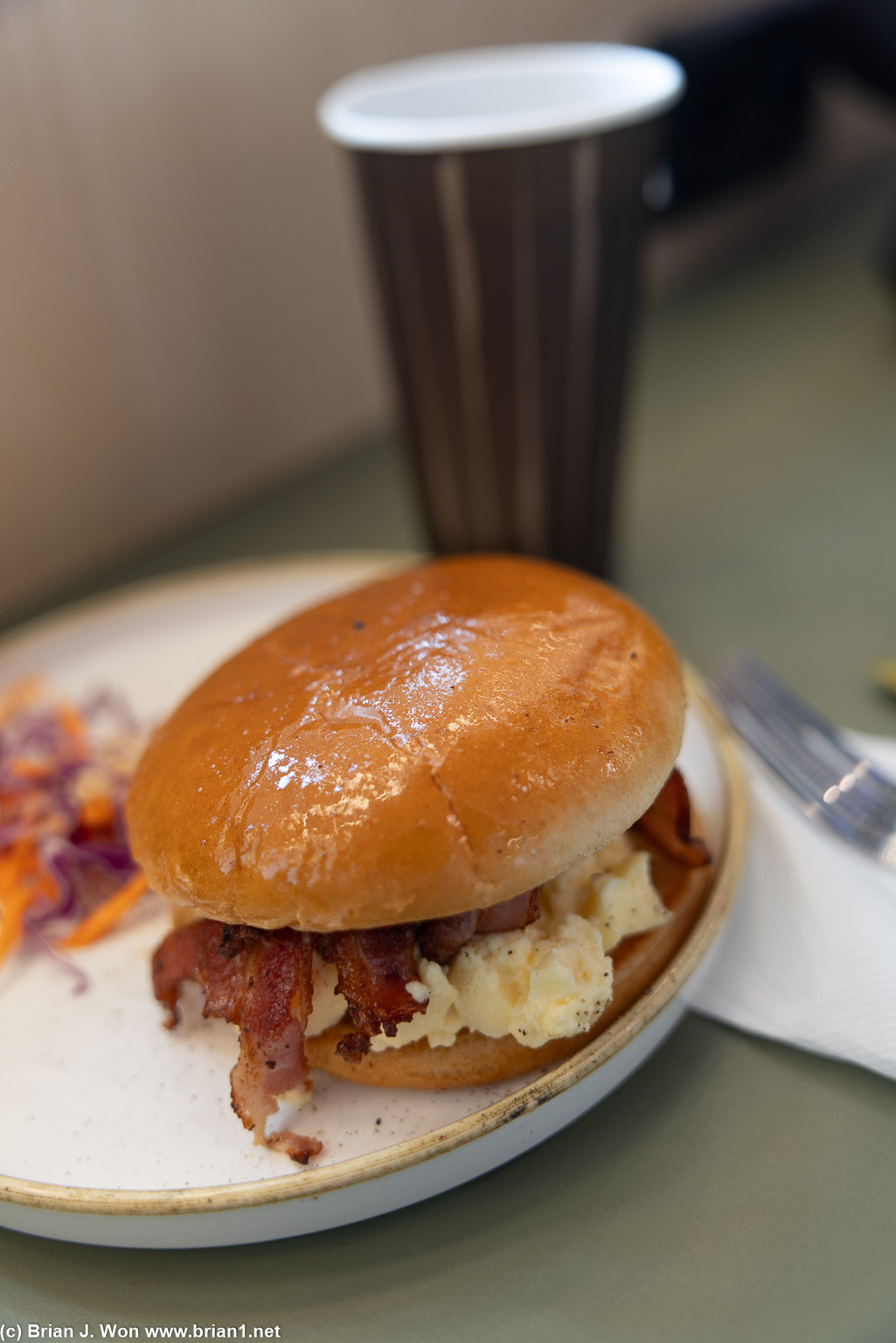 Breakfast sandwich at the airport is good, but they could use an egg ring to make the eggs instead of just scrambling them.