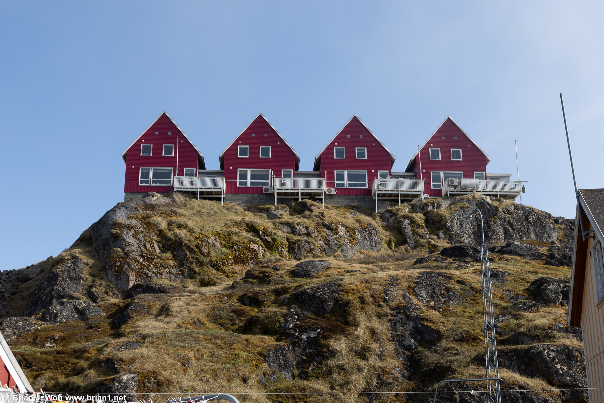 These houses probably have a great view when it's not foggy.