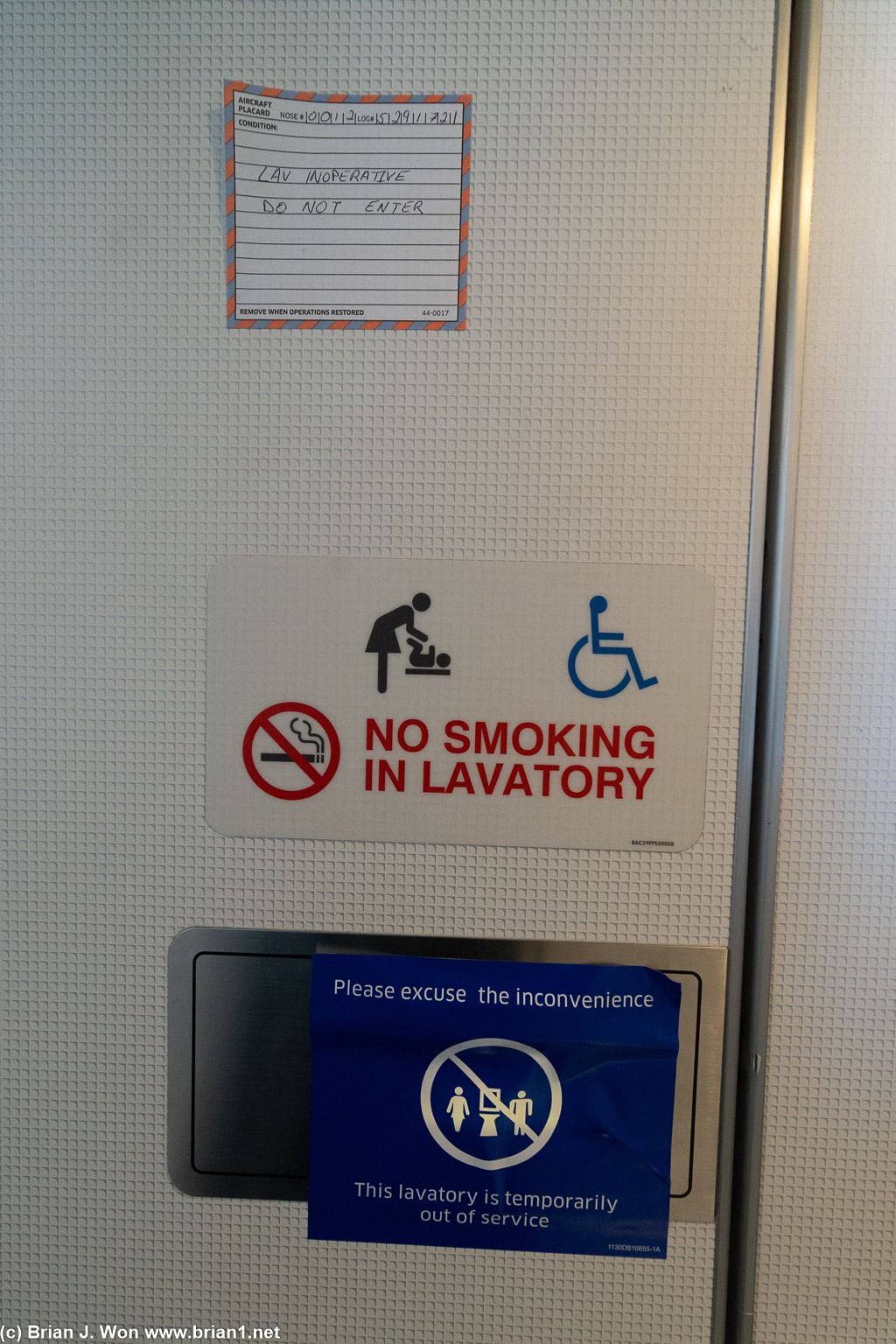 Two flights, two broken lavatories in a row.