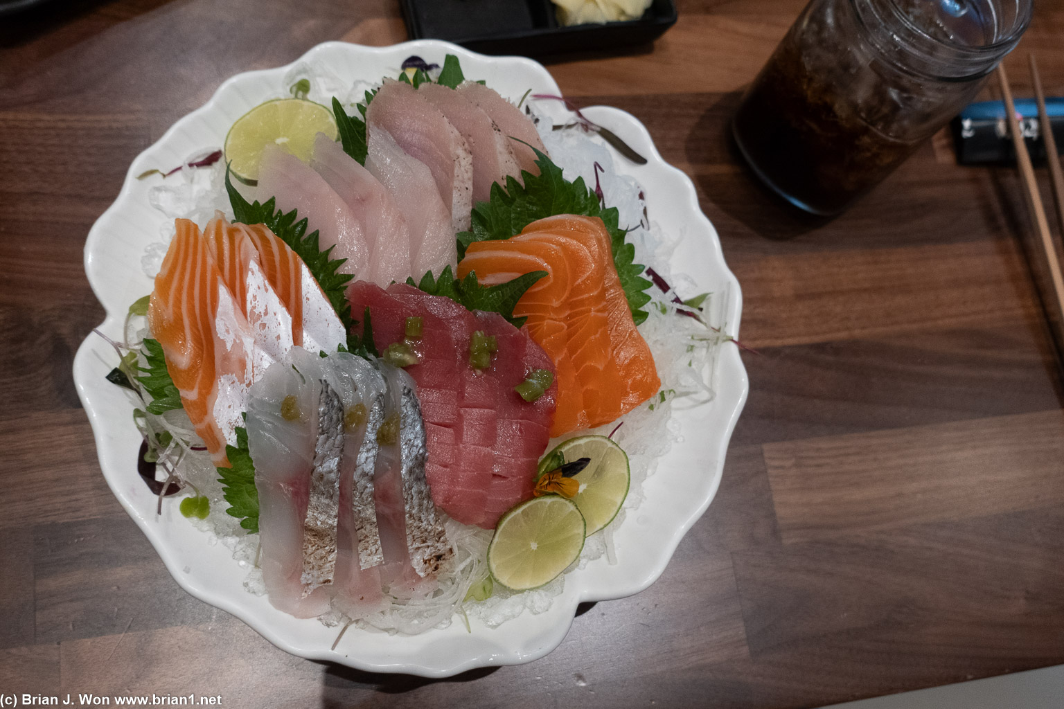 Salmon, red snapper (tai), magura (bluefin tuna), hamachi prepared two ways (yellowtail).