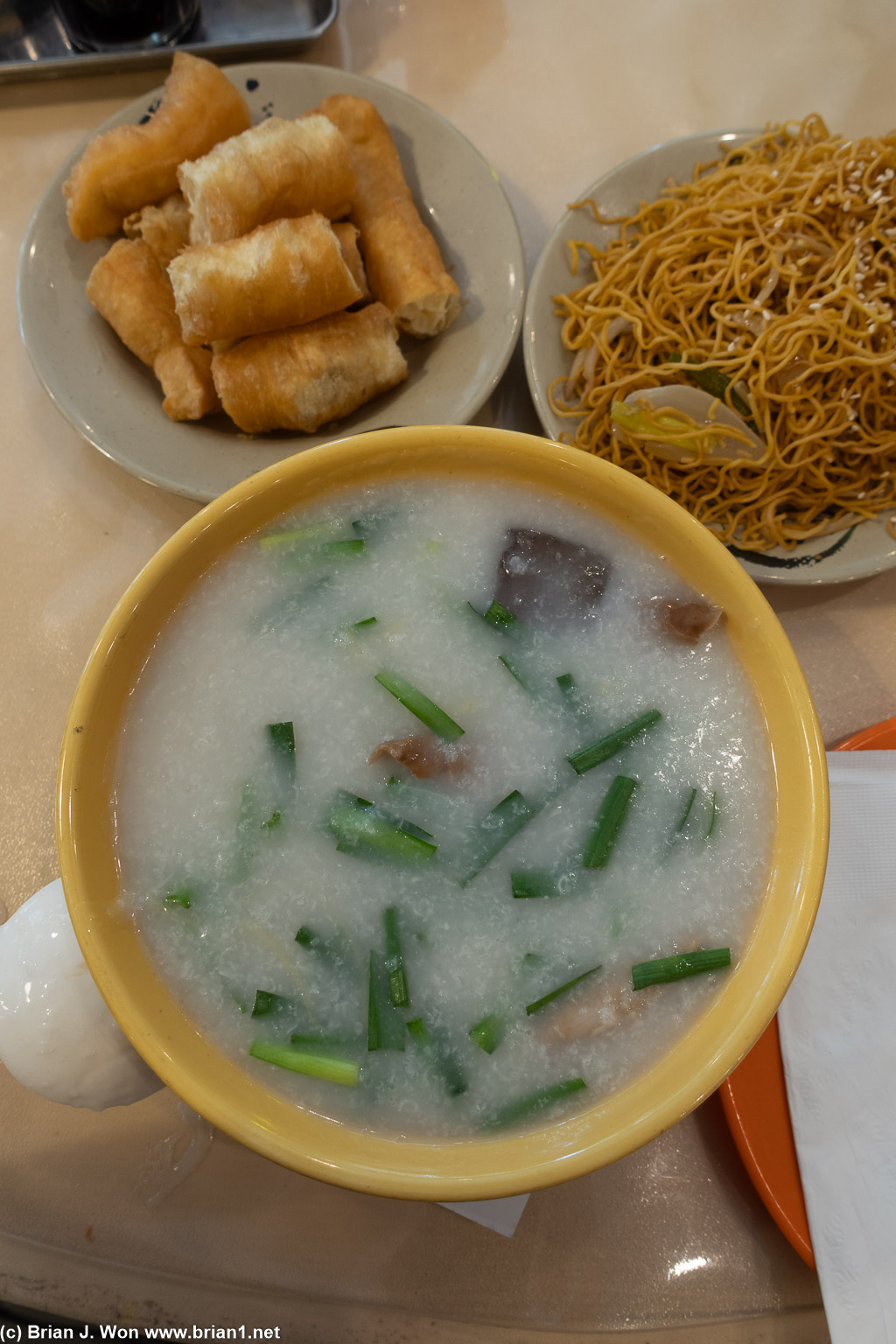 Pork blood and green onion congee is just okay, kind of thin.