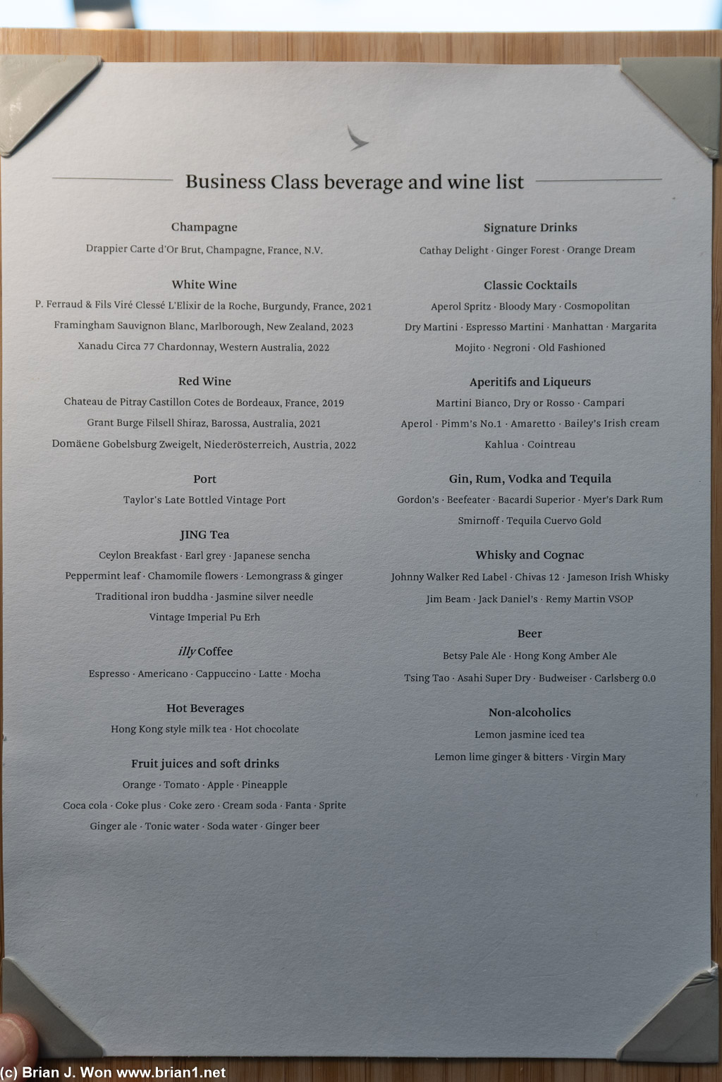 Drink menu at The Long Bar.