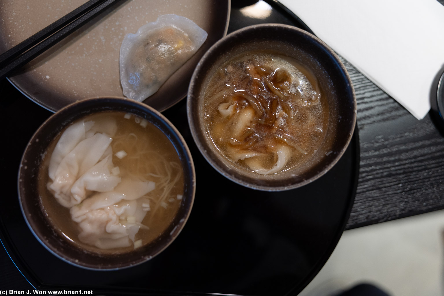 Vegetable dumpling, won ton noodles, and knife-cut noodles at The Bridge, Cathay Pacific business class lounge, at HKG.