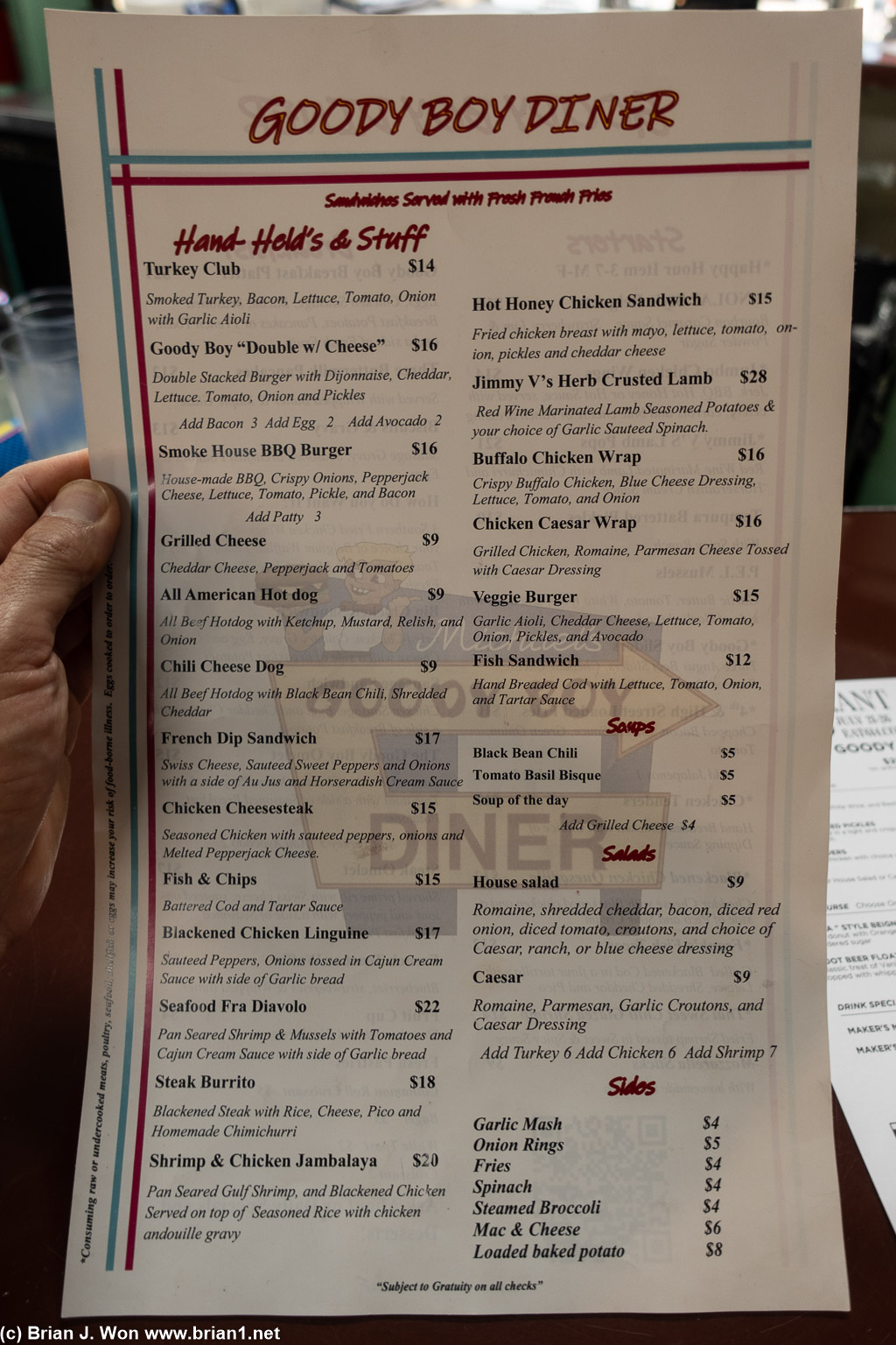 Goody Boy Diner menu.