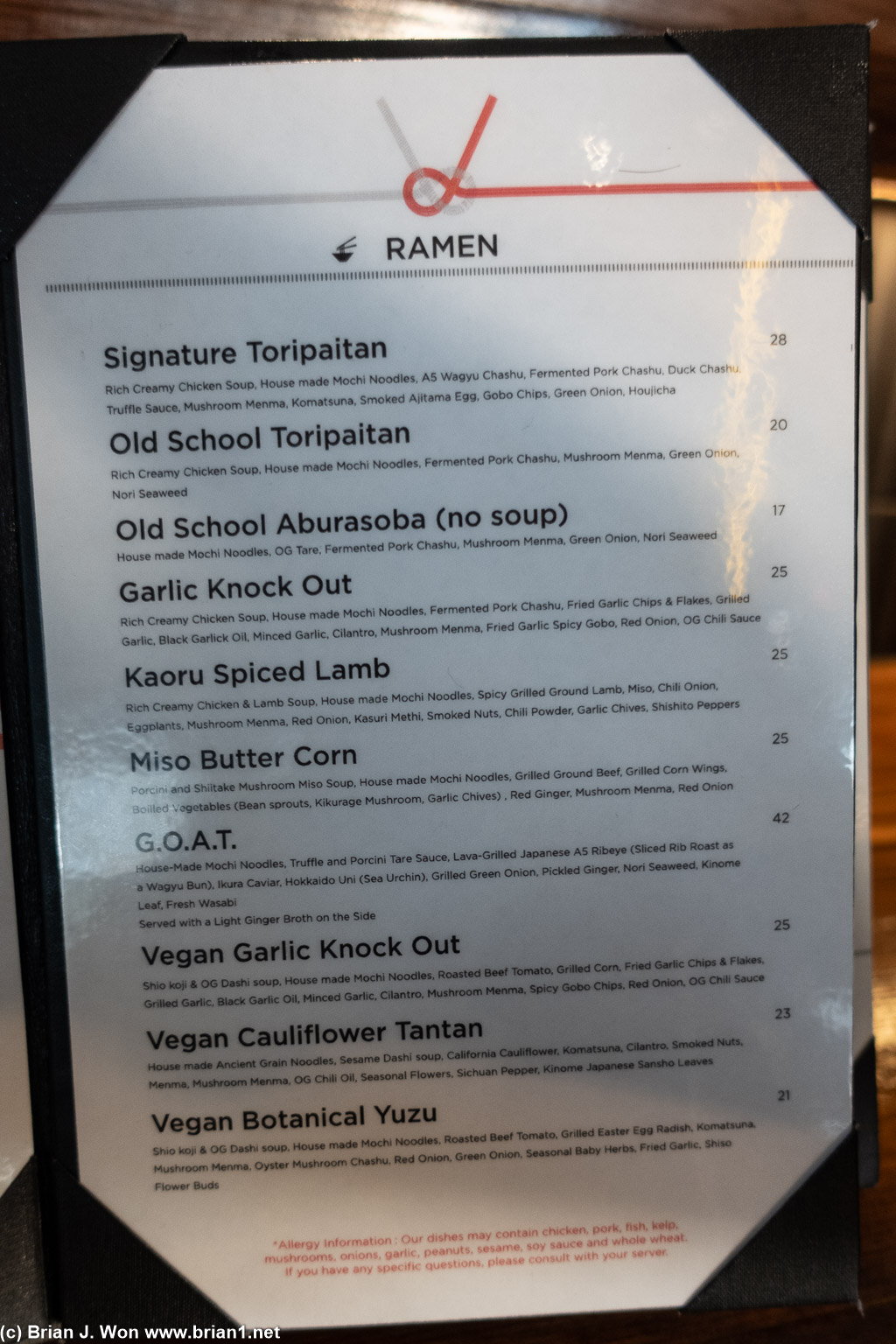 Menu. Lots of food.