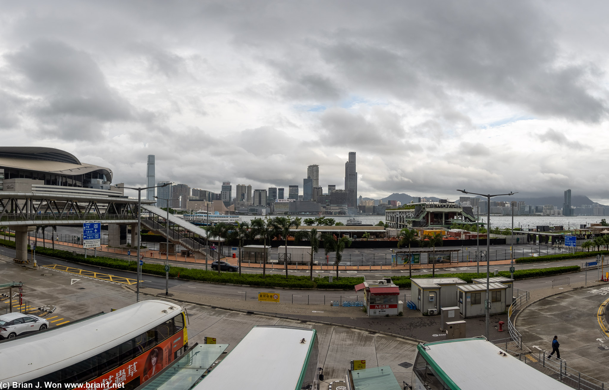 View of Hong Kong Harbor, walking from MTR Wan Chai to the hotel across the skybridge.