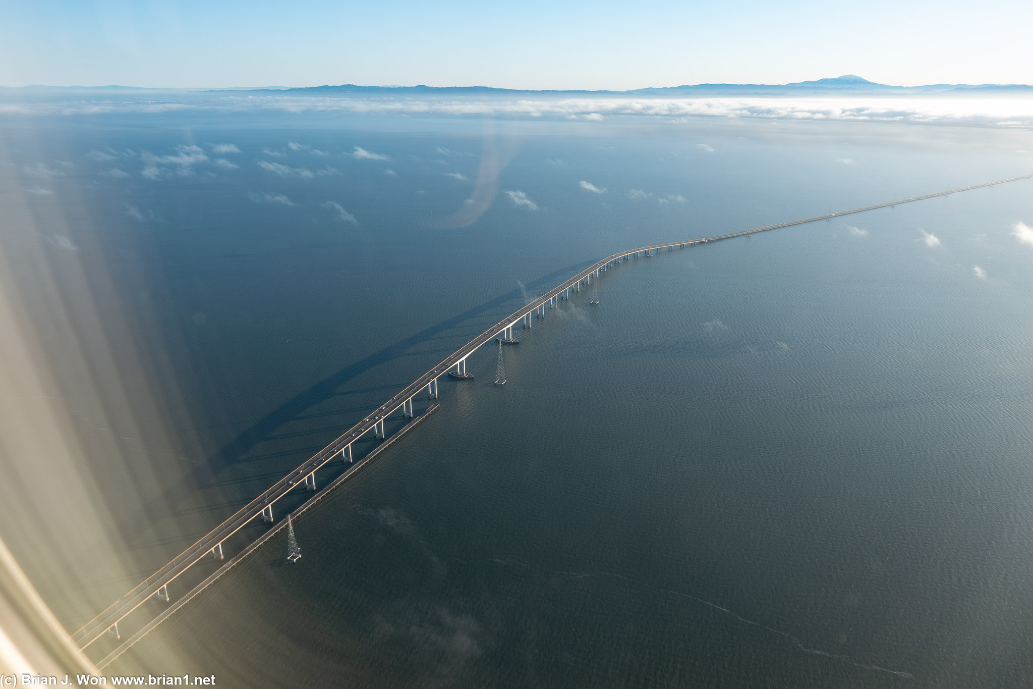 San Mateo-Hayward Bridge below UA 190 on final approach to SFO.