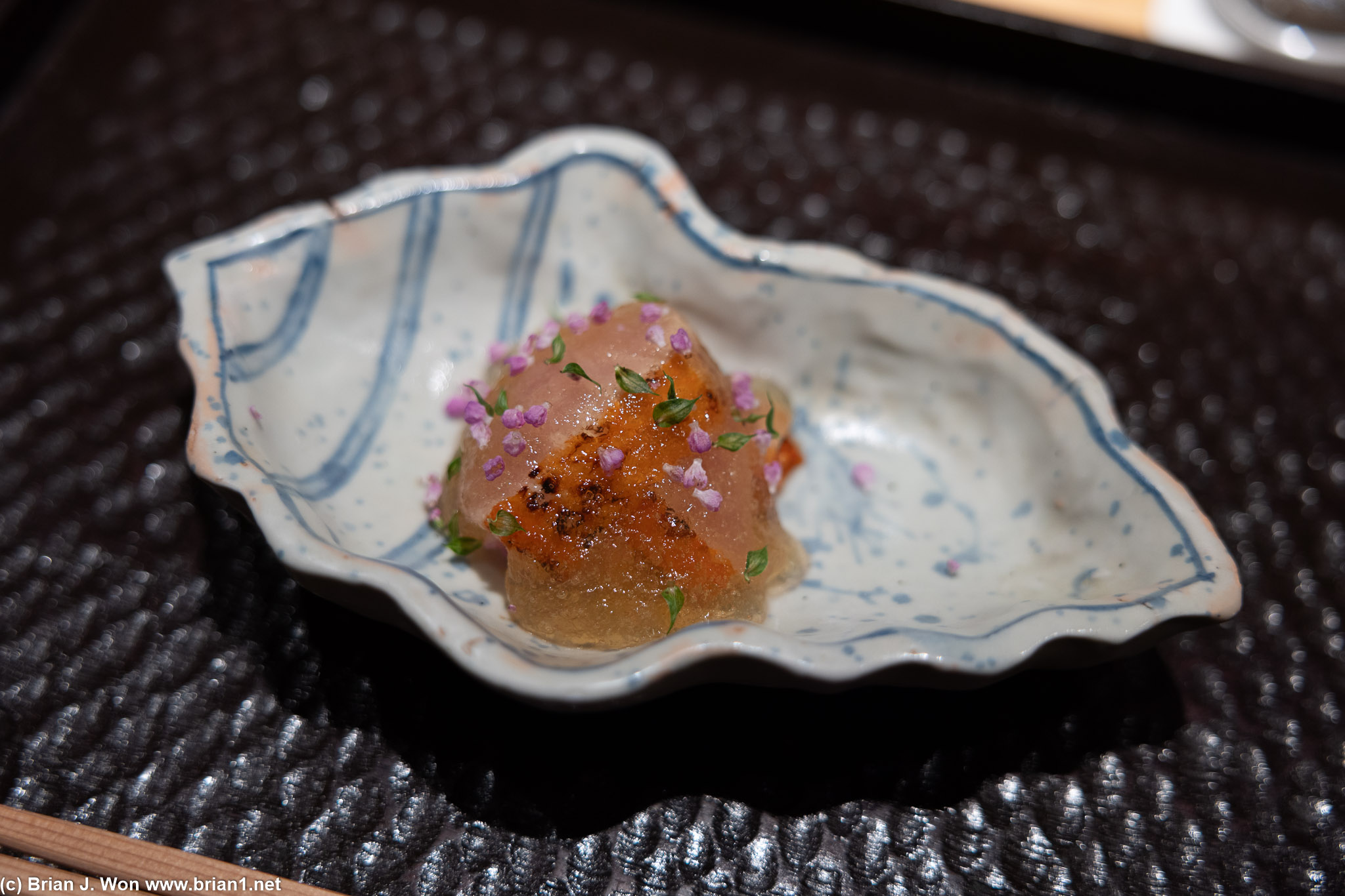 Aburi fatty kinmedai (from Chiba), vinegar, soy sauce, blossoms, in tosa zu jelly.
