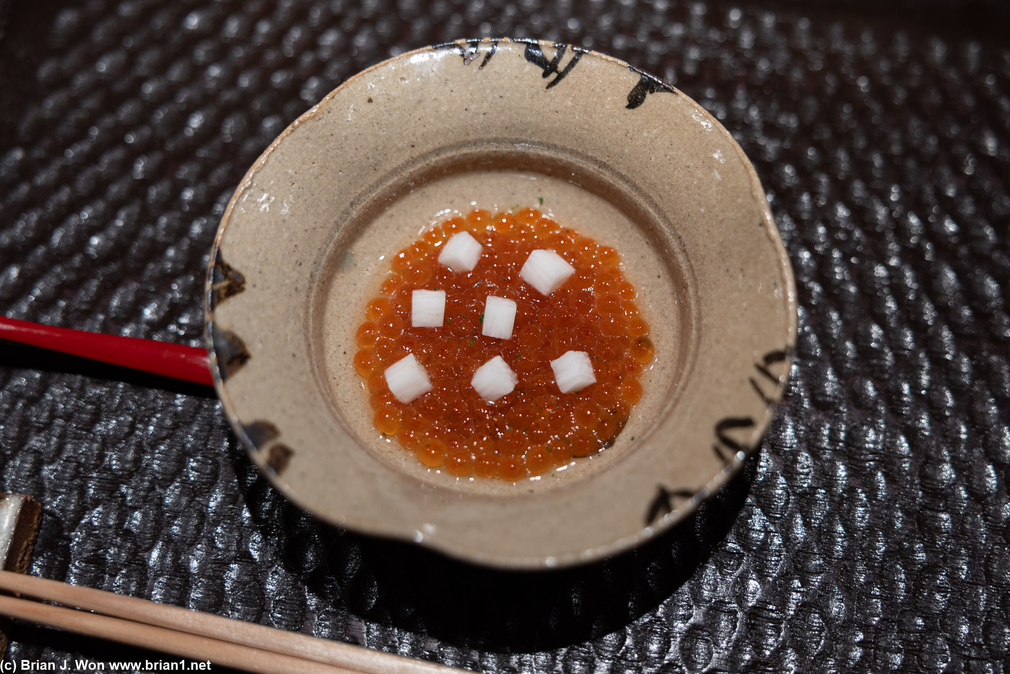 Lightly marinated ikura (sujiko), yuzu, mountain potato.