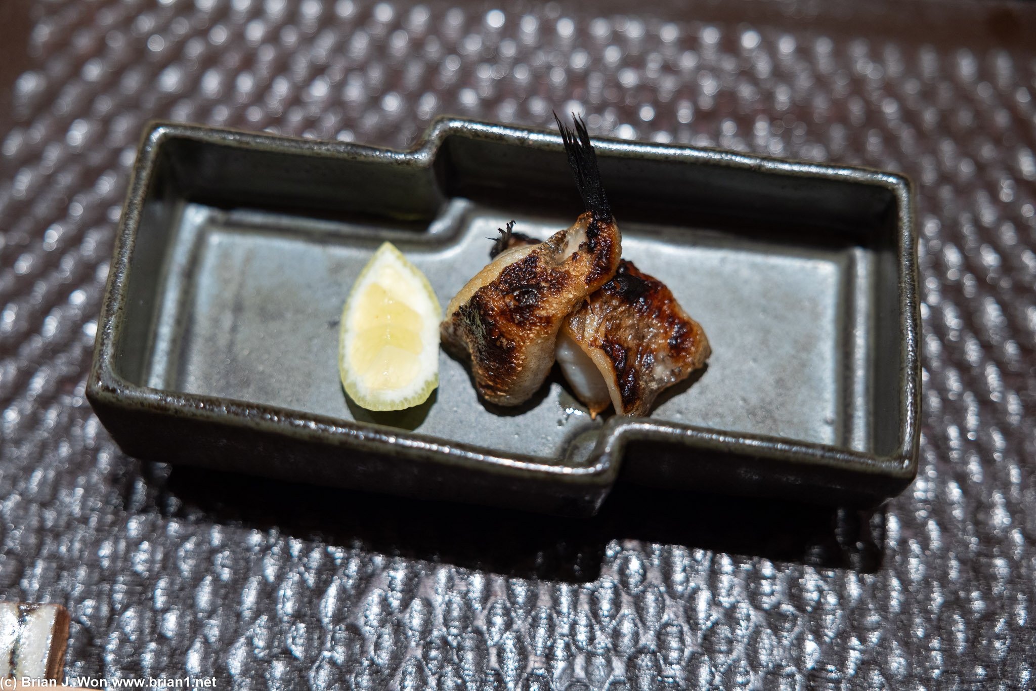 Charcoal grilled mehikari (green eyes).