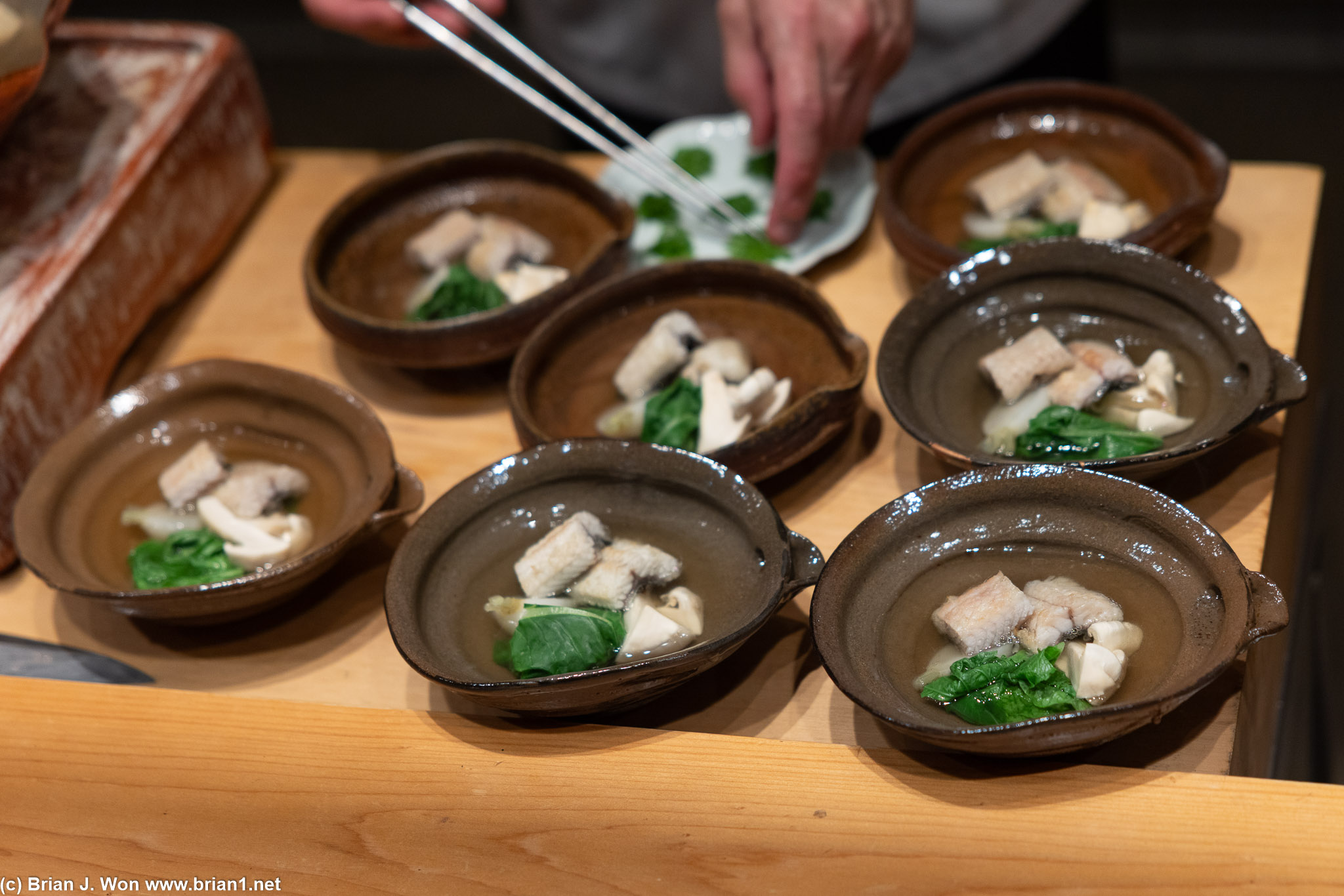 Nabe: wild unagi, komatsuna, matsutake, kabu. (wild freshwater eel, greens, mushroom, turnip).