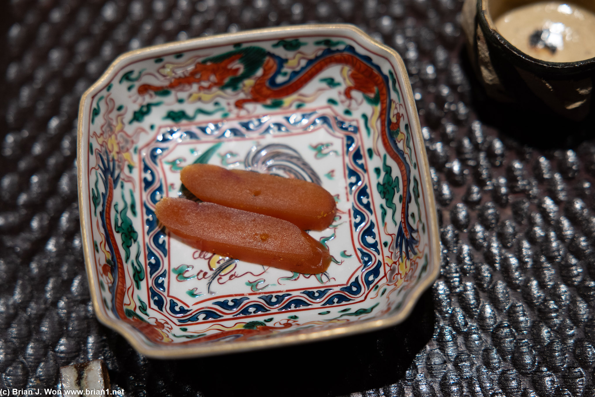 Chinmi: grilled karasumi (dried mullet roe).