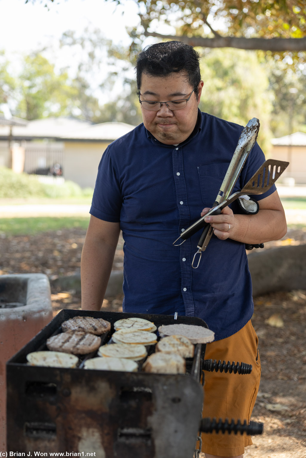 Joe looking at his quesadillas.