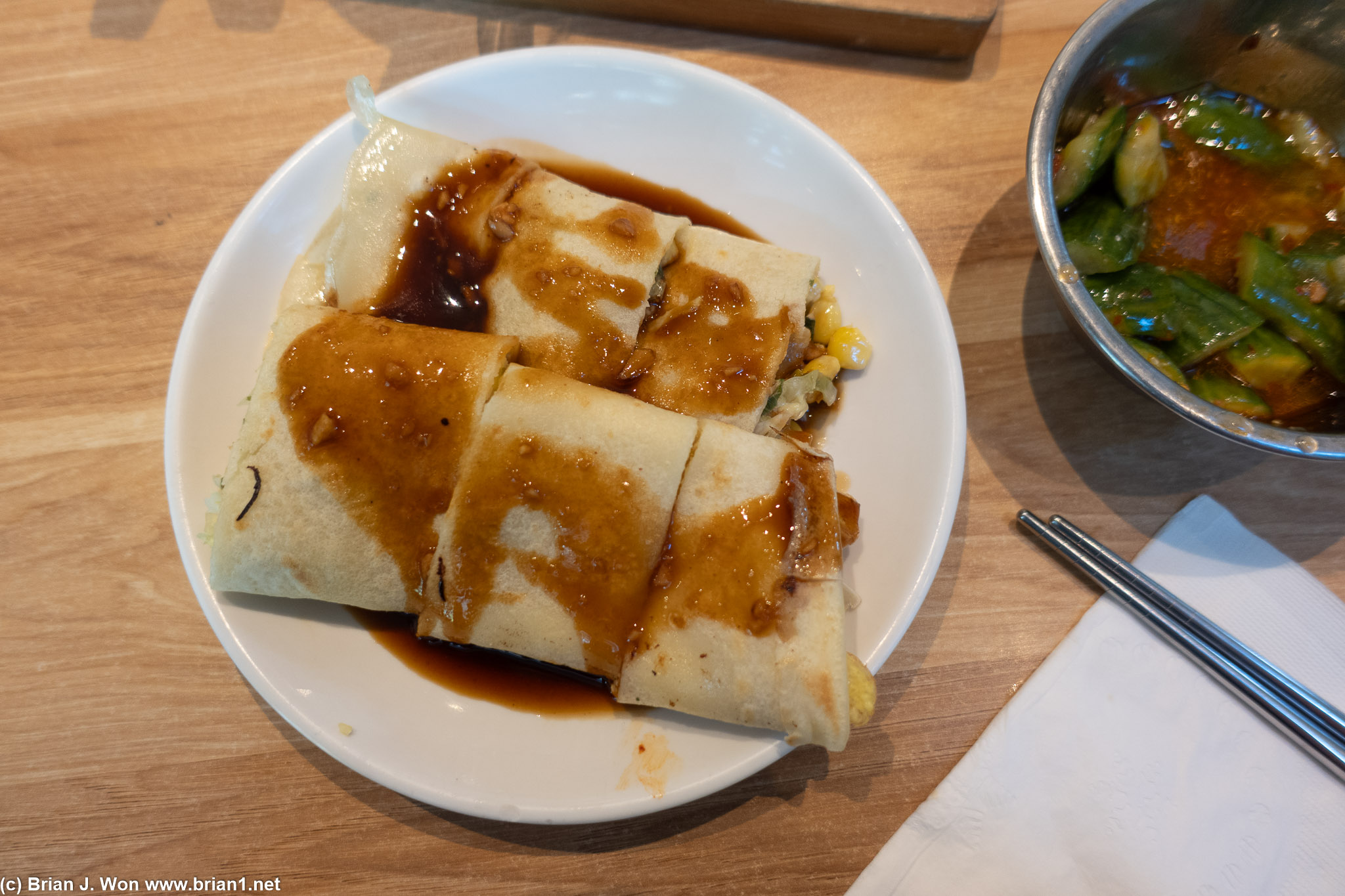Dan bing (Taiwanese crepe, scallions, eggs, corn, cabbage).