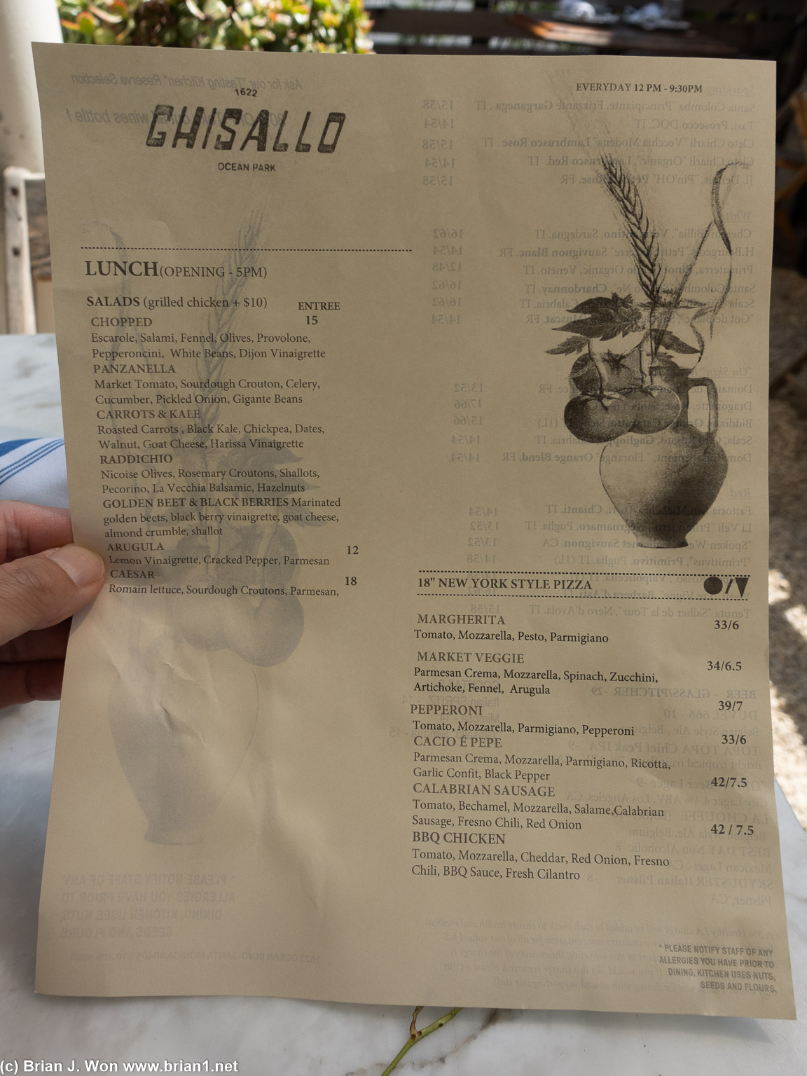 Menu at Ghisallo.
