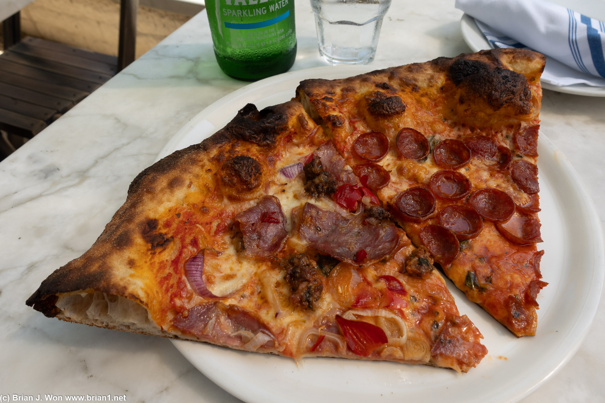Sausage and salami on left, pepperoni on right.