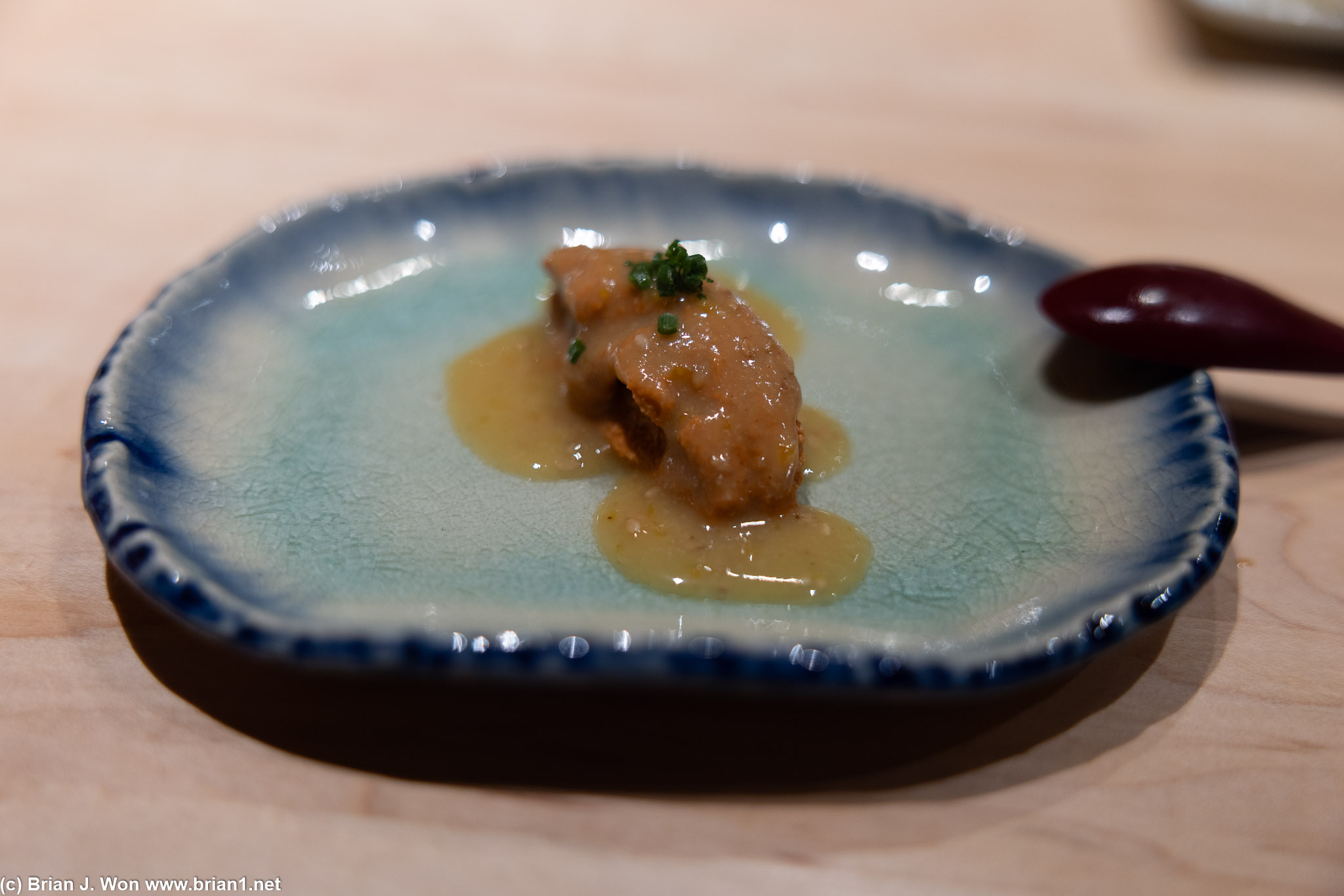 Massive portion of ankimo (yuzu and citrus sauce?).