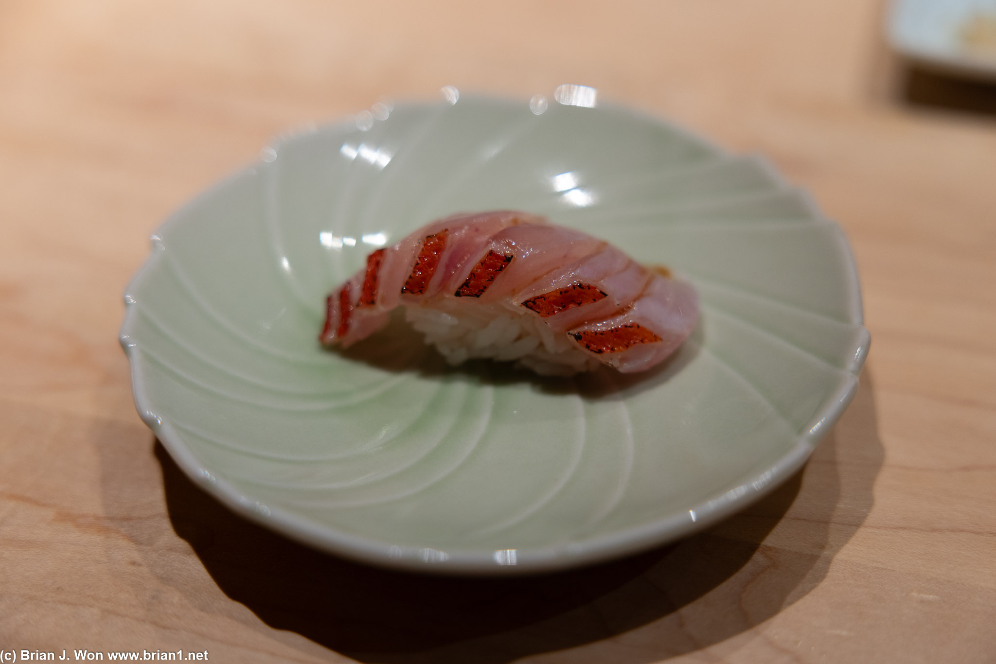 Aburi kinmedai (golden eye snapper, Nagoya, Japan). Fatty but not quite as fatty as Hayato.